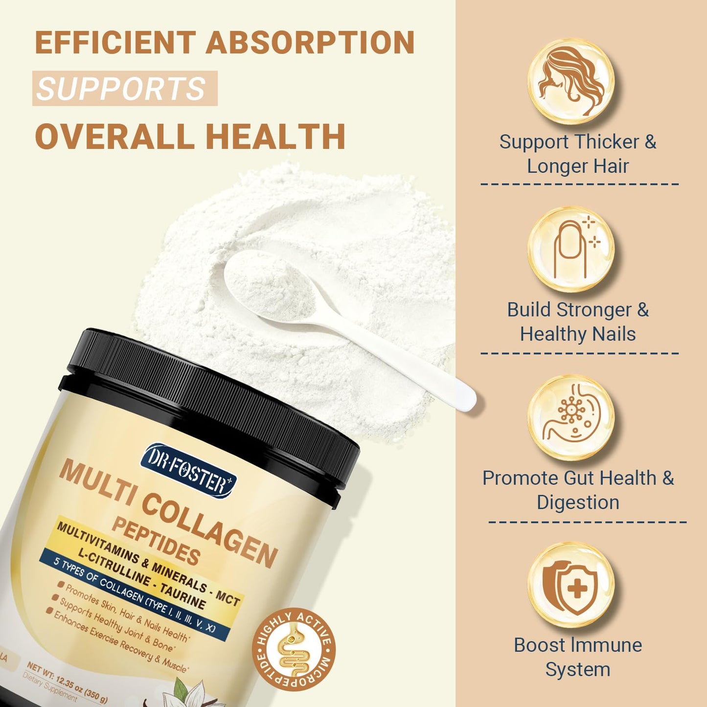 DRFOSTER Vanilla Collagen Peptides Powder, 12.35 Ounce