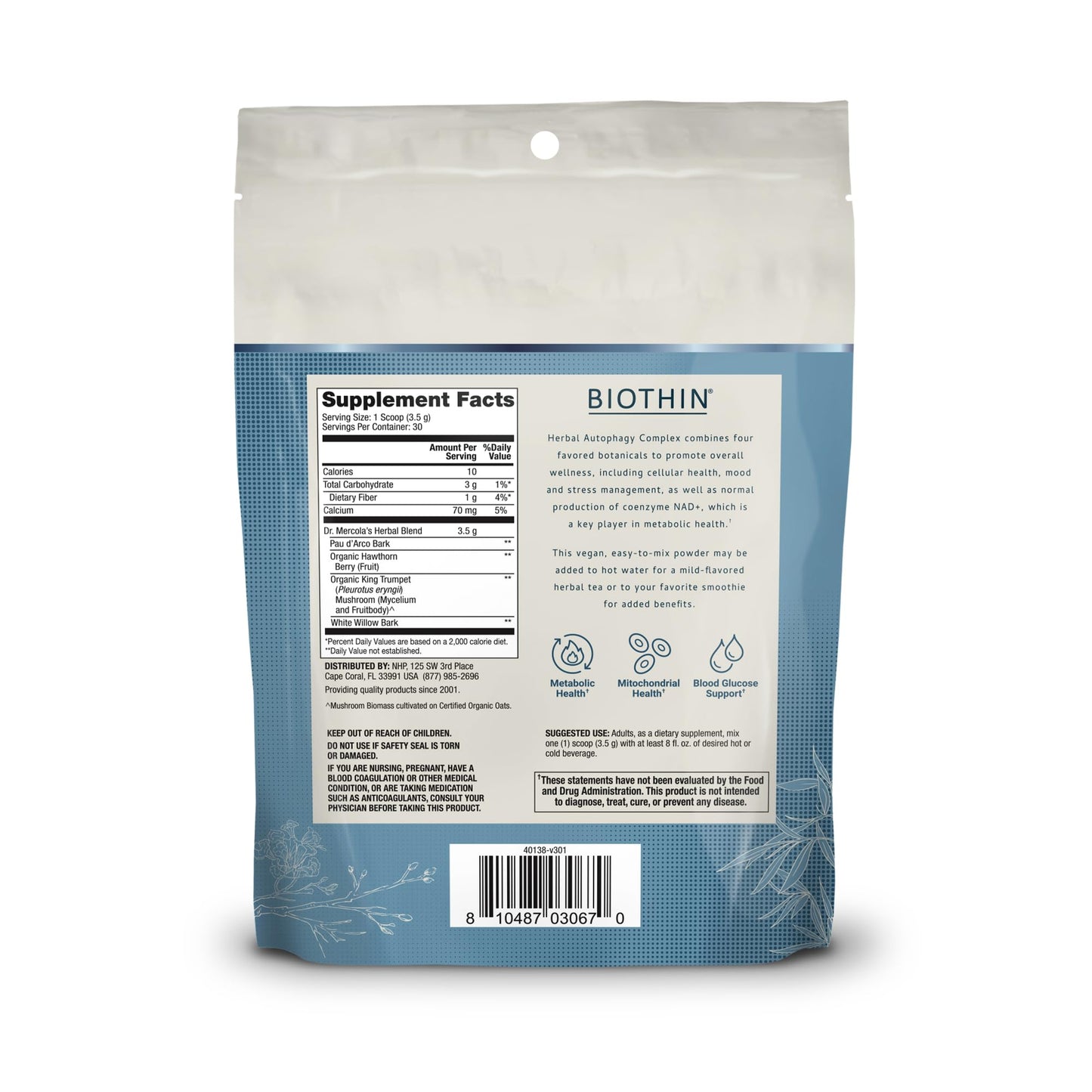 Dr. Mercola Biothin Herbal Autophagy Complex Powder with PAU d'Arco, Hawthorn Berry, King Trumpet Mushroom, and White Willow Bark, 30 Servings
