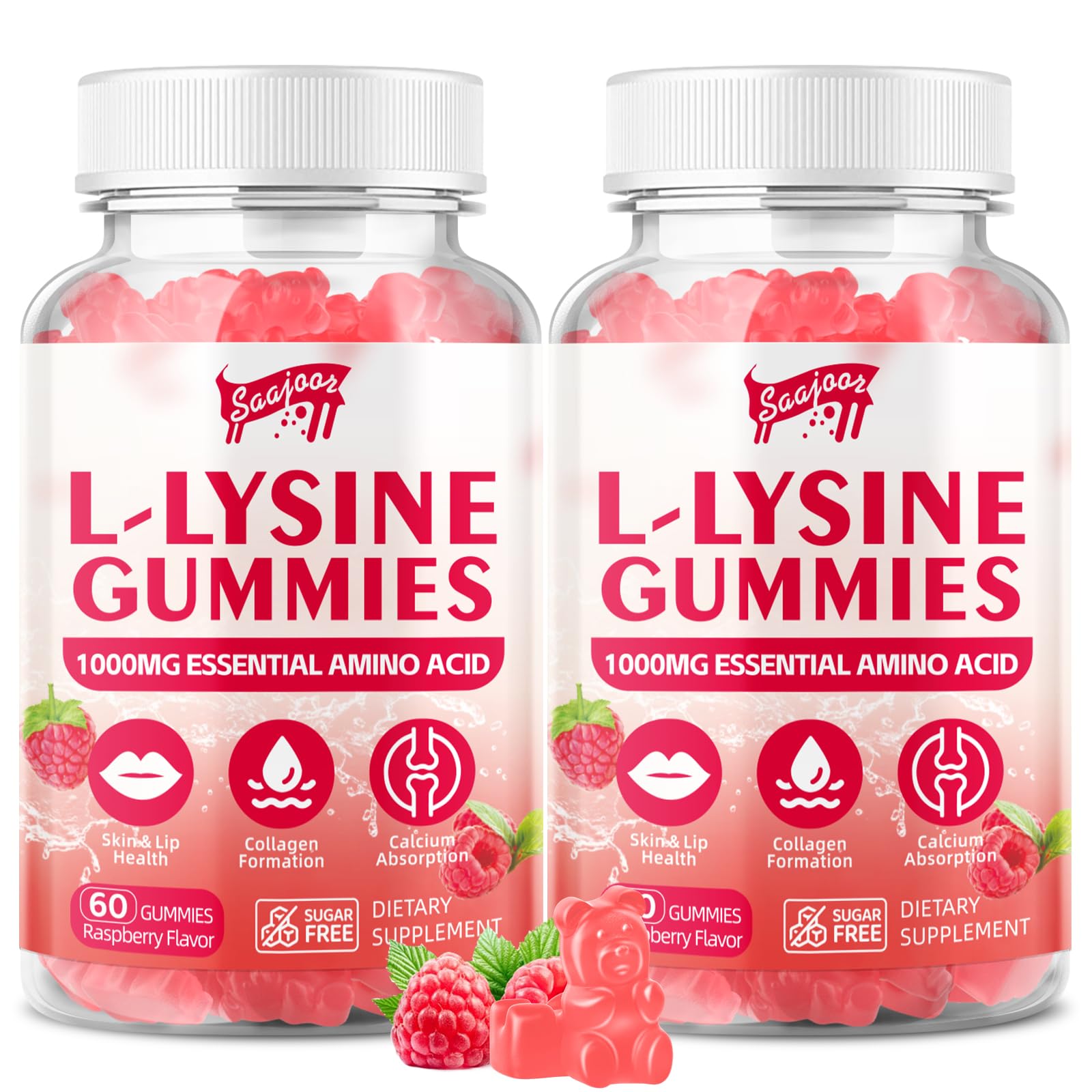 Saajoor L-Lysine 1000mg Gummies for Immune Support & Skin Health, Raspberry Flavor, Vegan, Gluten Free, 120 Gummies