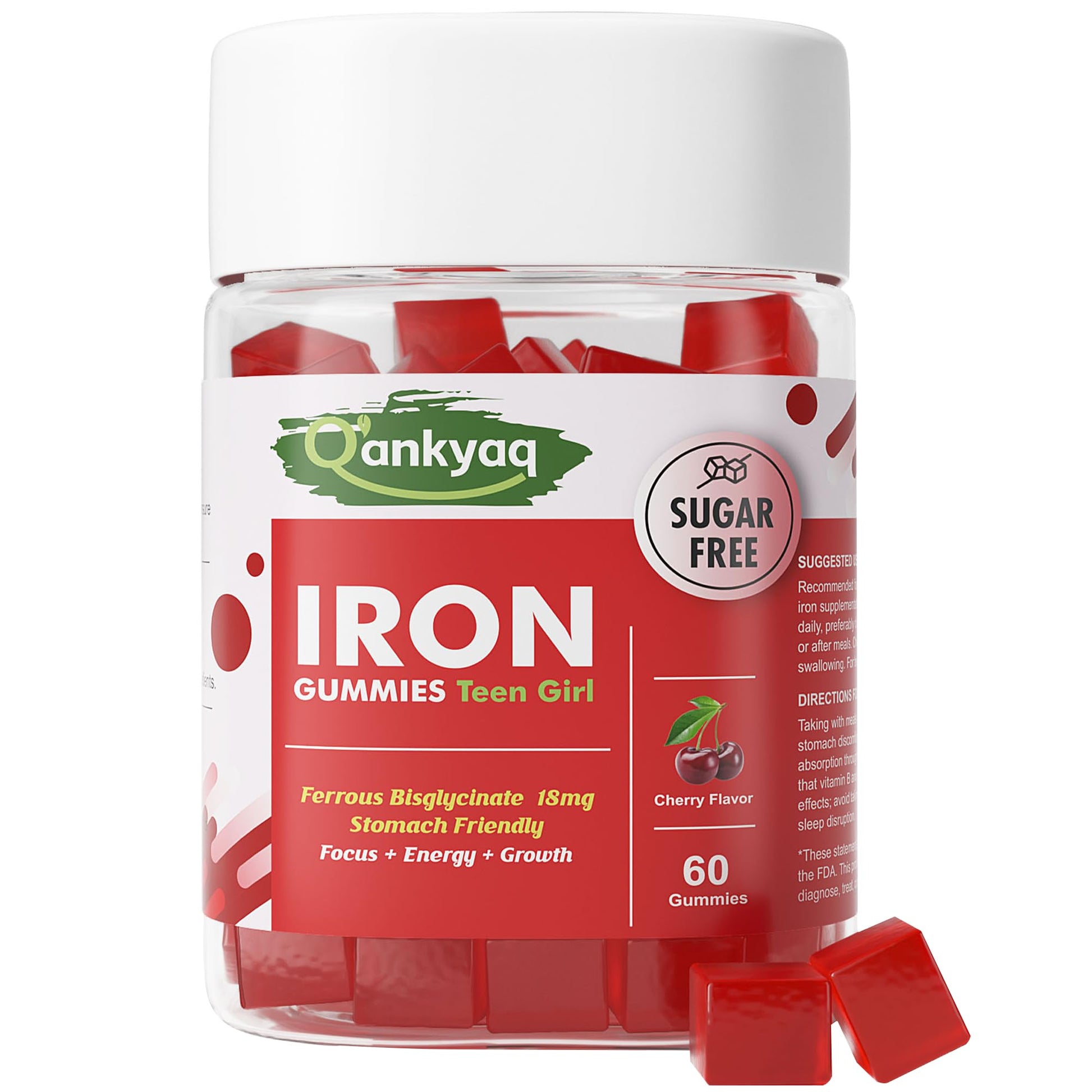 Q'ankyaq Iron Gummies Supplement for Teen Girls and Women, Ferrous Bisglycinate, 60 Gummies
