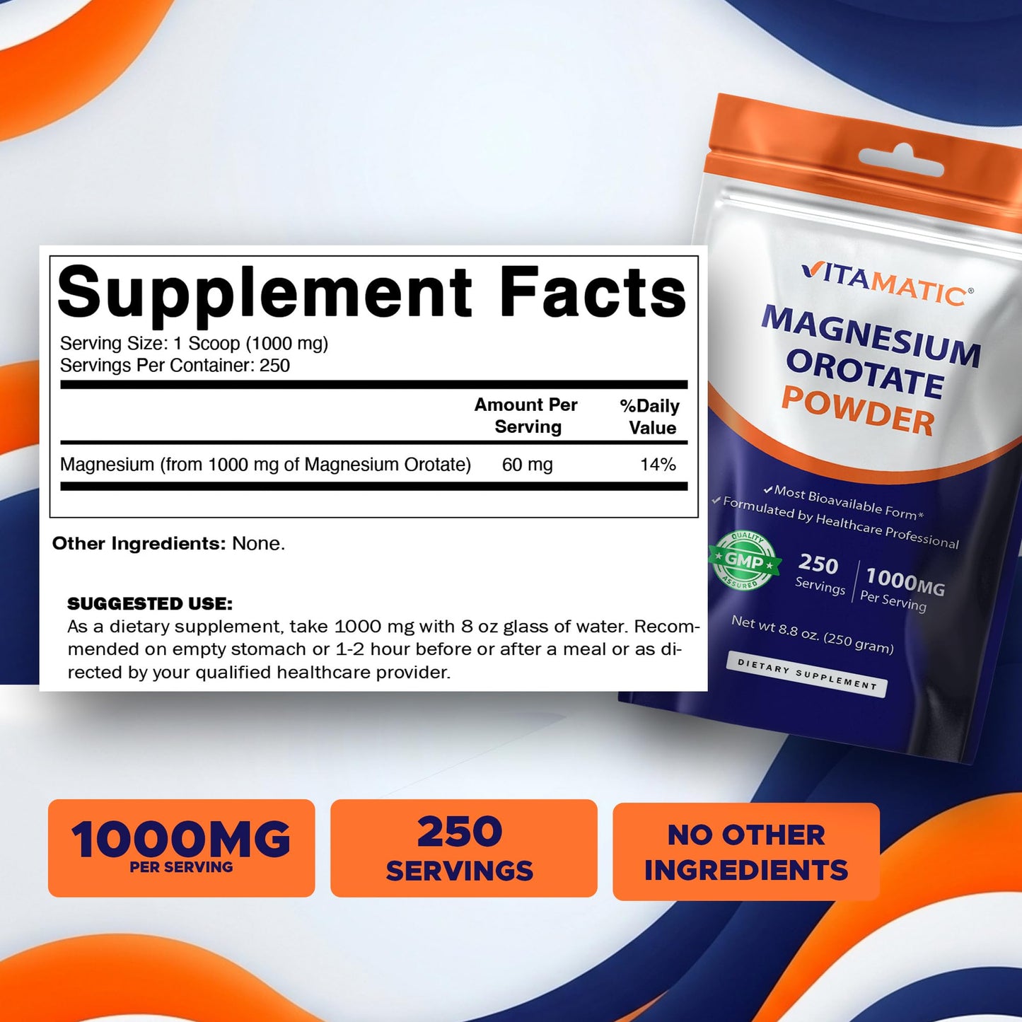 Vitamatic Magnesium Orotate 1000mg per Serving Powder, 8.8 oz