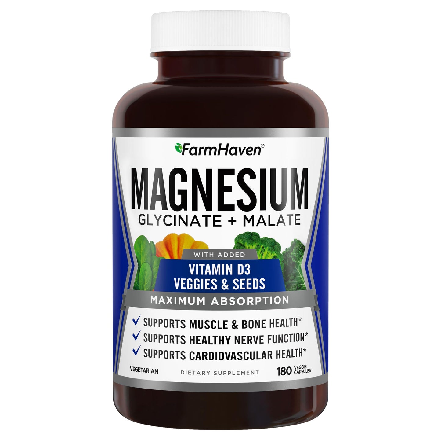 FarmHaven Magnesium Complex Glycinate/Malate & Vitamin D3 Capsules, 180 Count