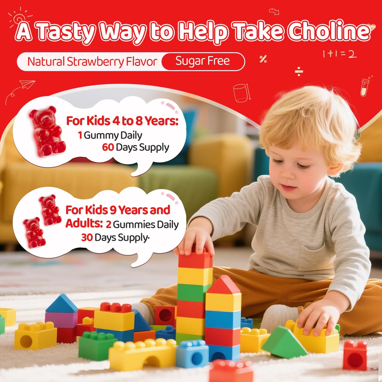 NATISLAND Choline Gummies 500mg with DHA, Phosphatidylserine for Brain Health, Focus, Immune Support, Sugar-Free, Vegan, Strawberry Flavor, 120 Gummies