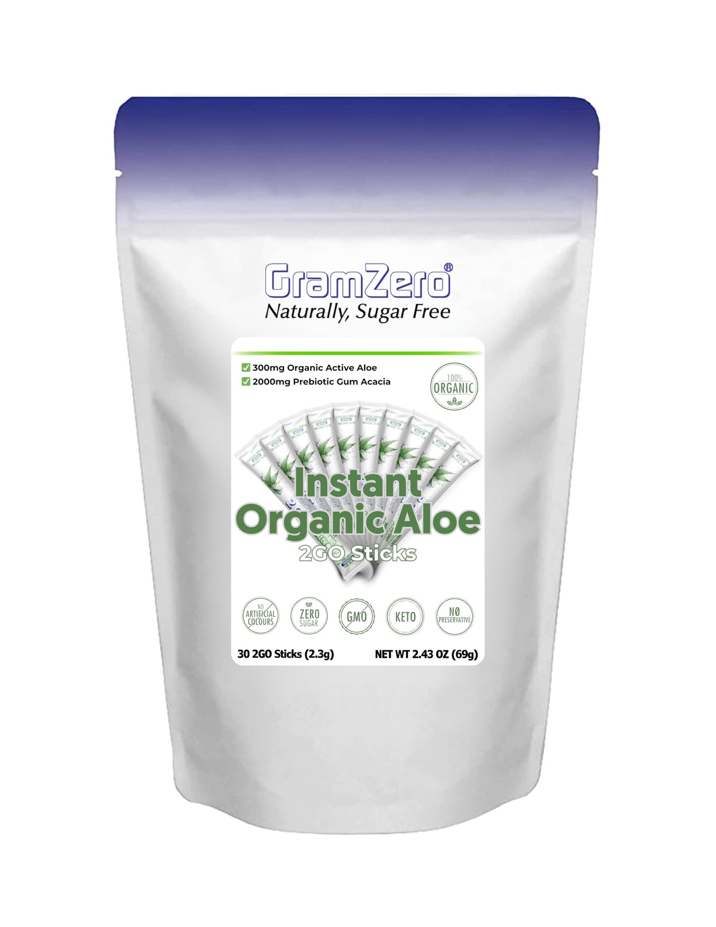 GramZero 2GO Sticks Organic Aloe Unflavored Powder, 12.7 Ounce