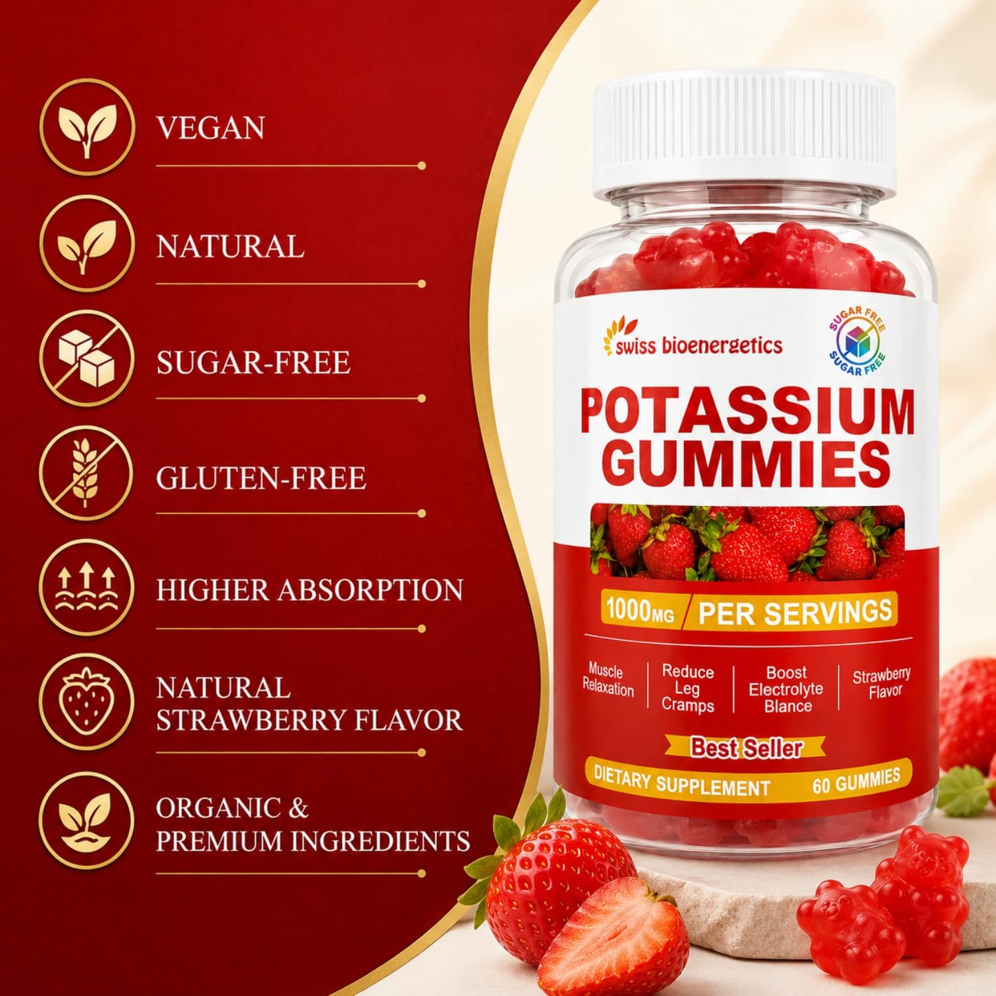 Swiss Bioenergetics Potassium Gummies for Adults & Kids, Strawberry Flavor, 120 Count
