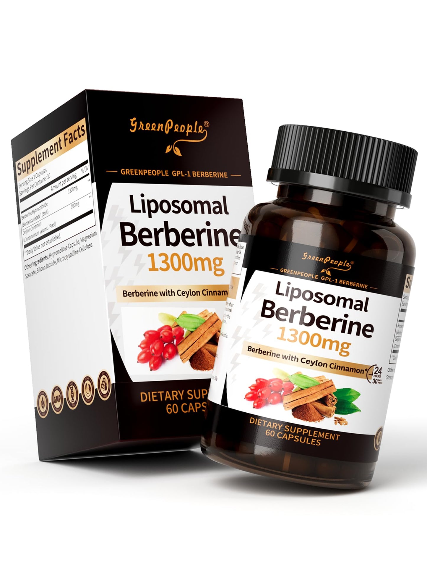 GREENPEOPLE Liposomal Berberine HCL 1300mg Capsule with Ceylon Cinnamon Activates AMPK, 60 Count, Non-GMO, Vegan