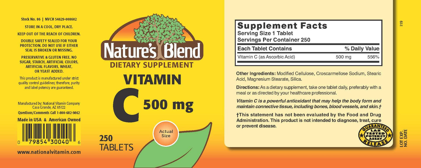 Nature's Blend Vitamin C 500 mg Tablets, 250 Count