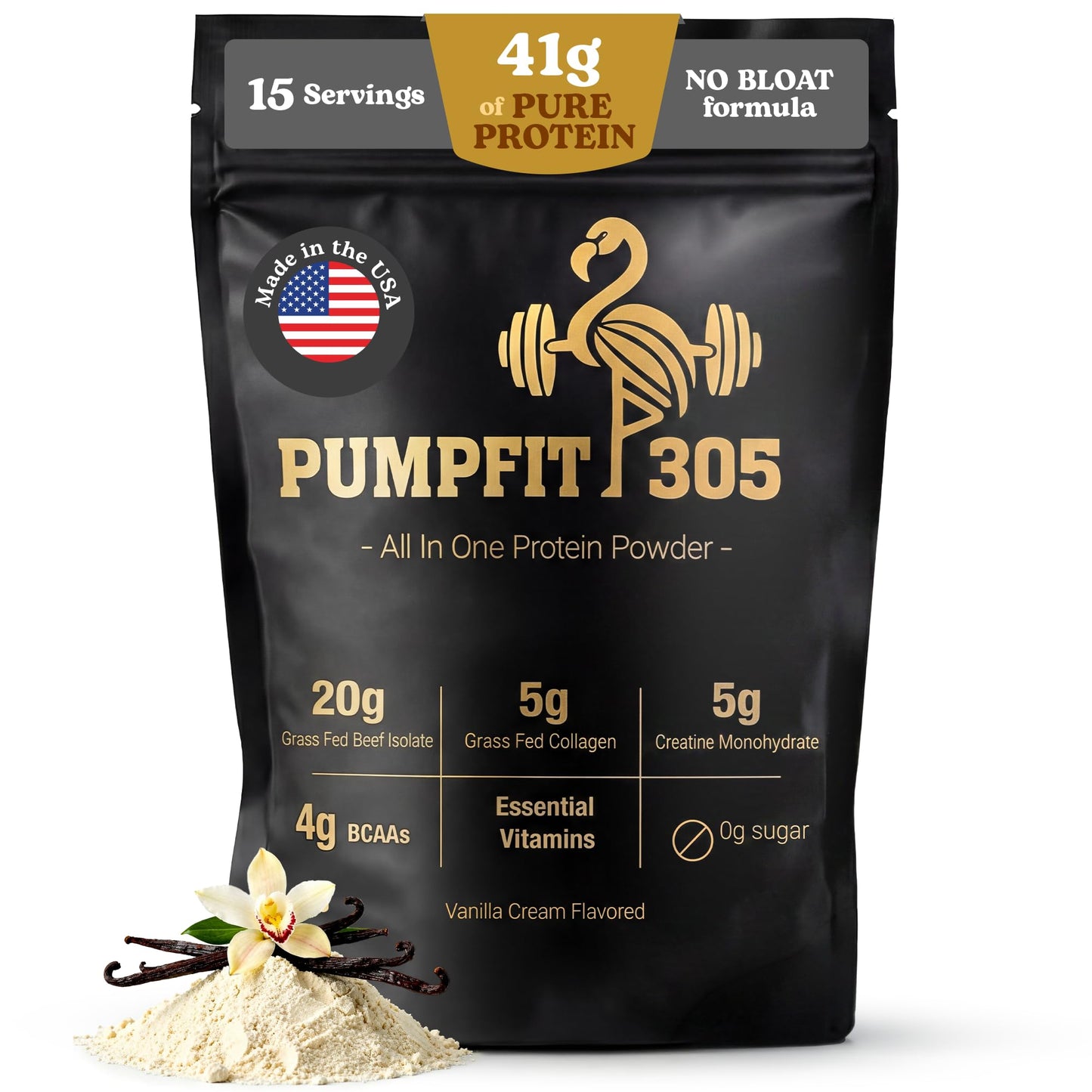 PUMPFIT 305 6-in-1 Complete Nutritional Foundation Vanilla Grass-Fed Beef Protein Isolate Powder, 15 Servings