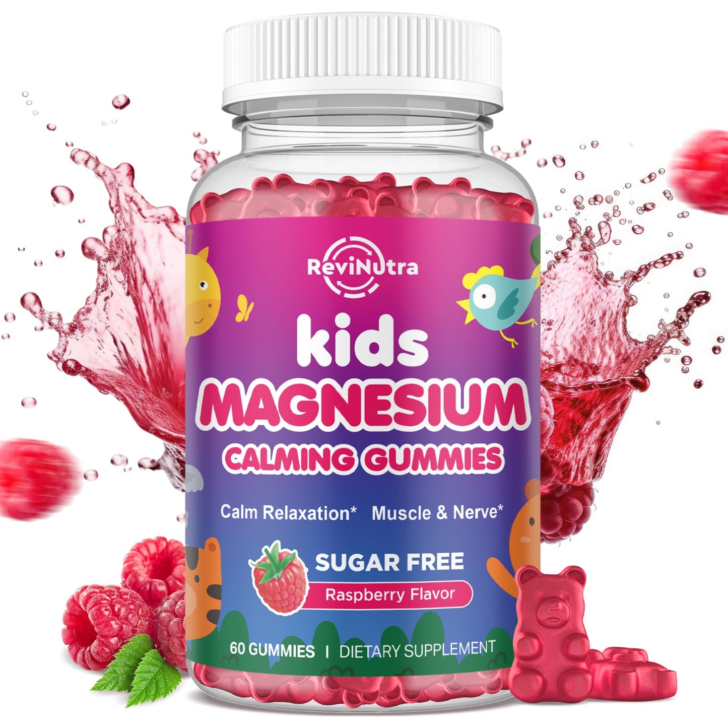Kids Magnesium Gummies, Magnesium Glycinate Gummies for Kids & Adults with L-Theanine, Chamomile, Licorice, Vitamin D, B6 for Sleep, Relaxation, Brain & Muscle, Sugar Free Raspberry 60ct