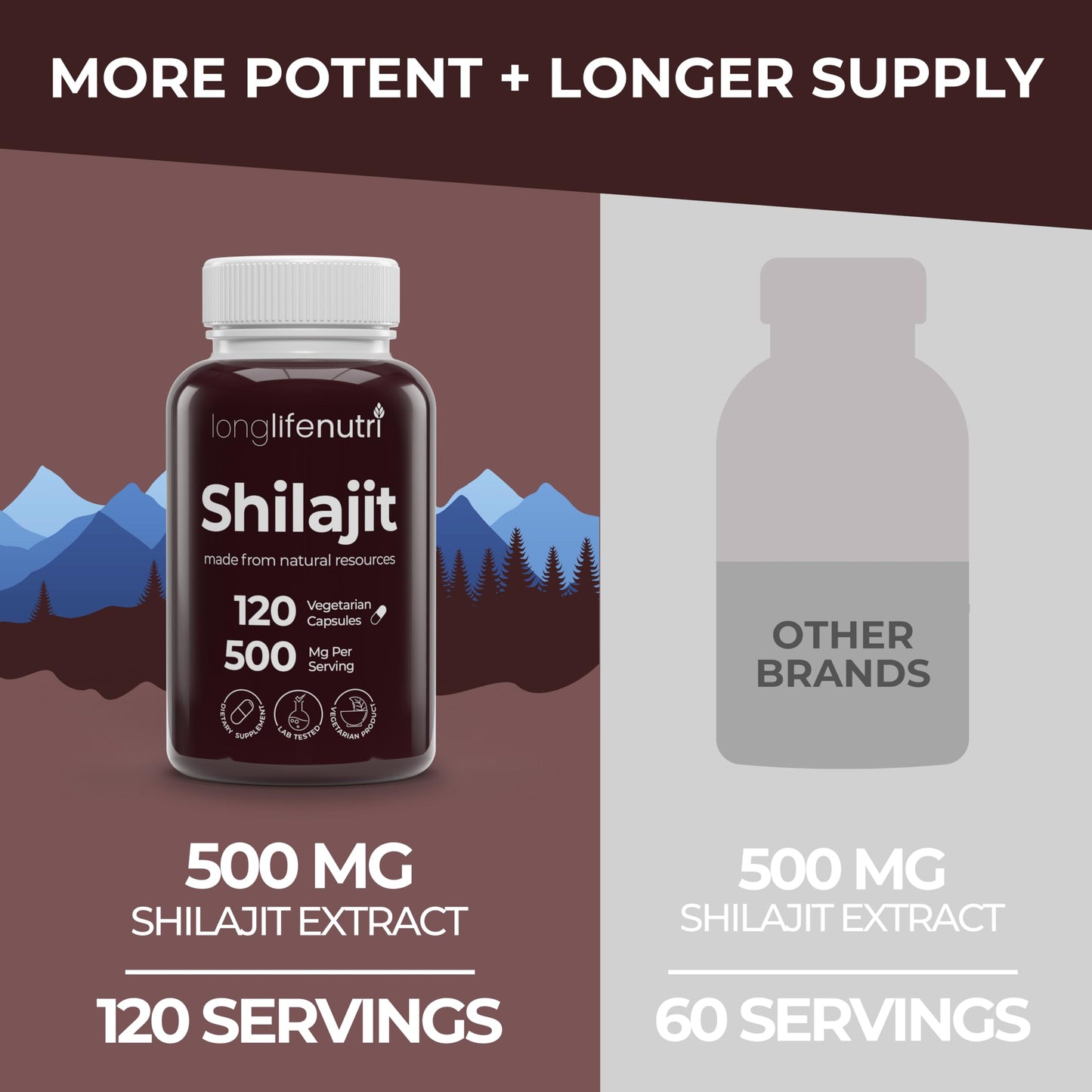 LongLifeNutri Shilajit Pure Himalayan Extract 500mg with 15% Fulvic Acid, 120 Vegetarian Capsules