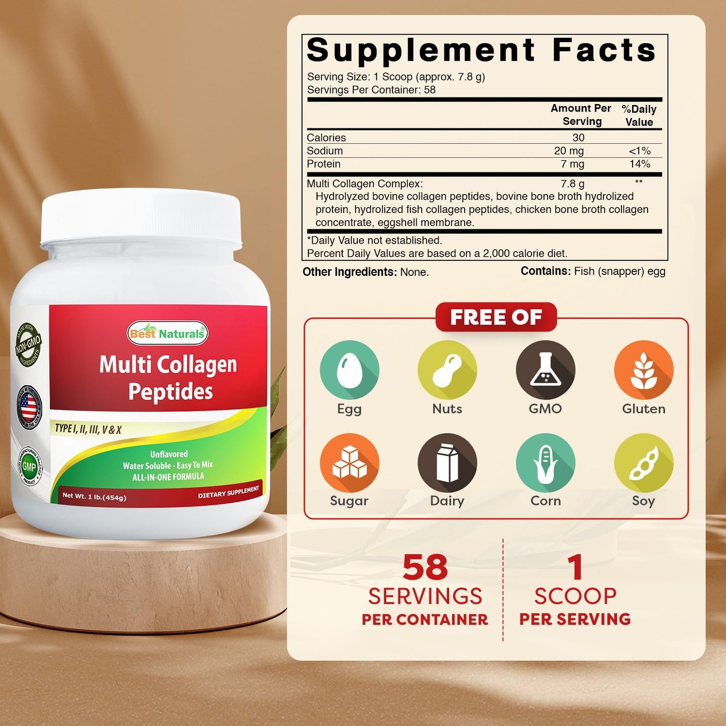 Best Naturals Collagen Peptides Powder Type I, II, III, V & X Unflavored, 1 Pound, 16