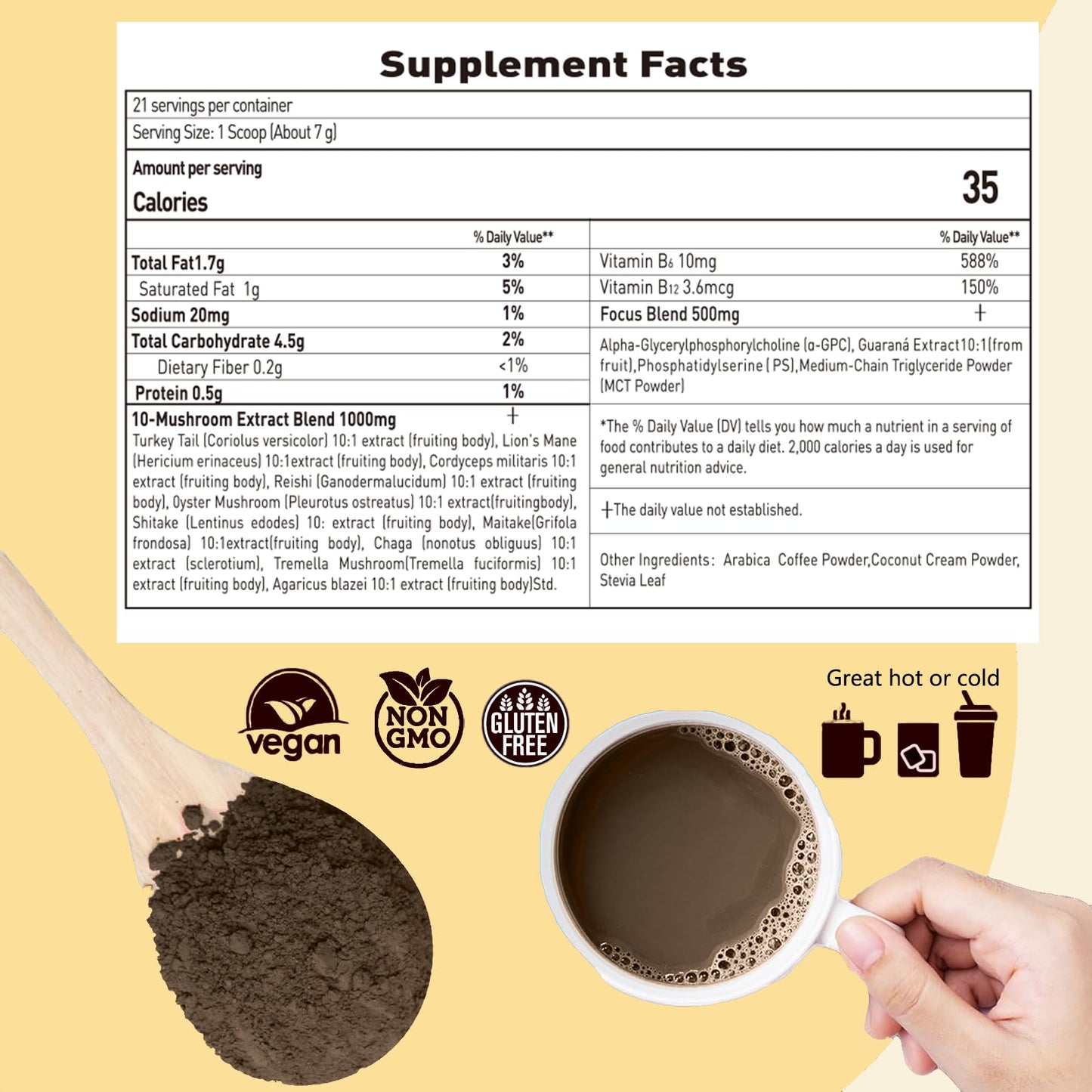 Suiyilary Mushroom Coffee with Focus Lion's Mane Extract Blend, Instant Coffee for Energy, Focus, Memory and Immunity, Powder, 5.2 oz
