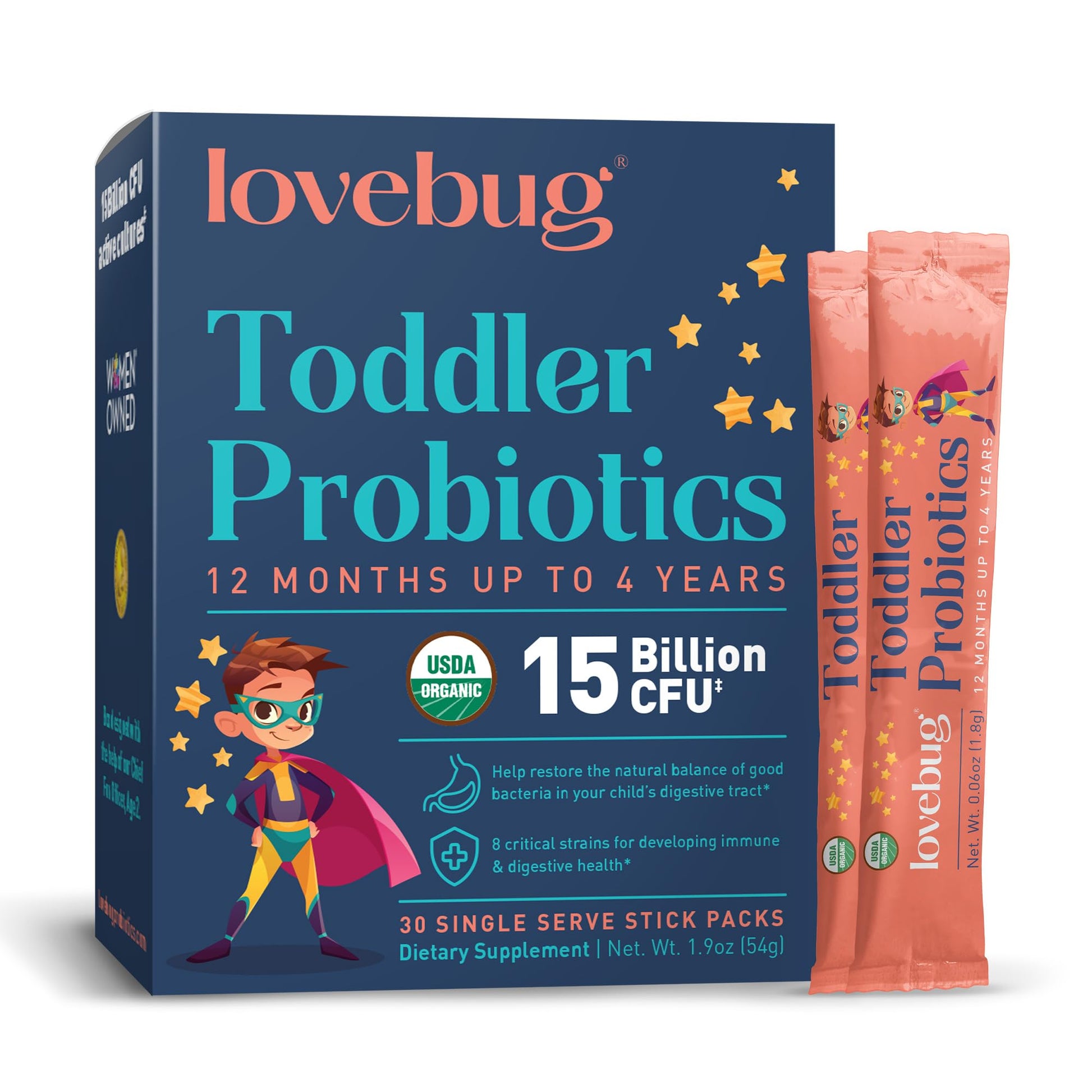 LOVEBUG Kids Probiotic Powder with Prebiotic Fiber - Toddler Immunity Support & Constipation Relief - USDA Organic Probiotics for Children's Gut & Digestive Health (Ages 1-4) - 30 Pack