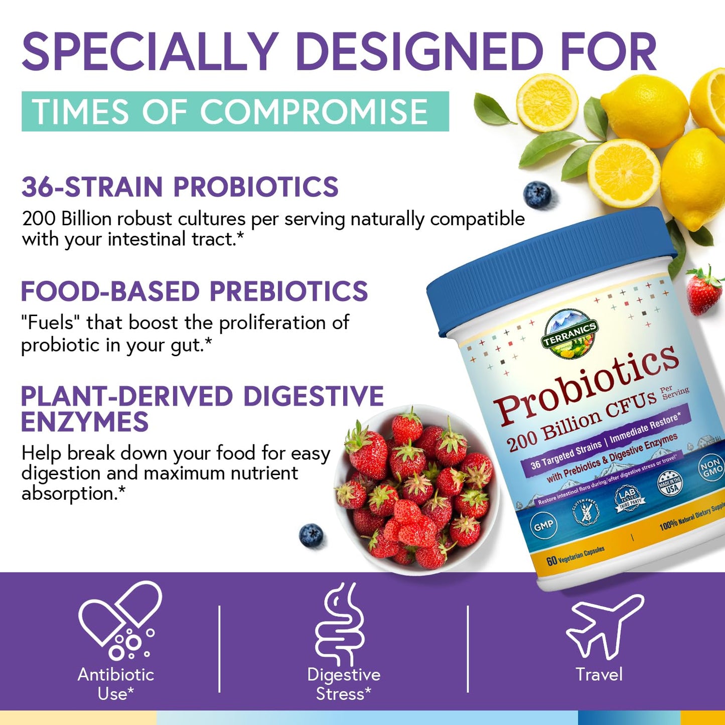 Terranics Daily Probiotics for Men & Women 200 Billion 36 Strains Immediate Restore Probiotics with Prebiotics & Enzymes Delayed Release Shelf Stable Capsule 60