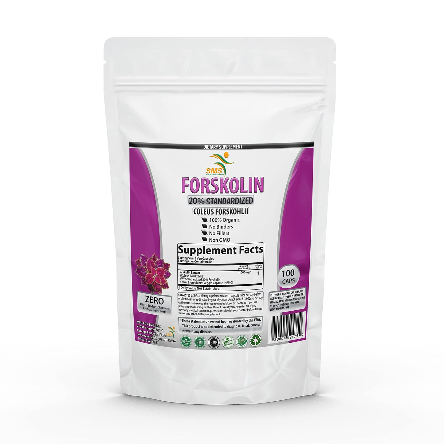 SMSHEALTHPRODUCTS.com Forskolin Extract Supplement with Potent Coleus Forskohlii 20% Standardized 1,000 mg Capsules, 100 Veggie Capsules