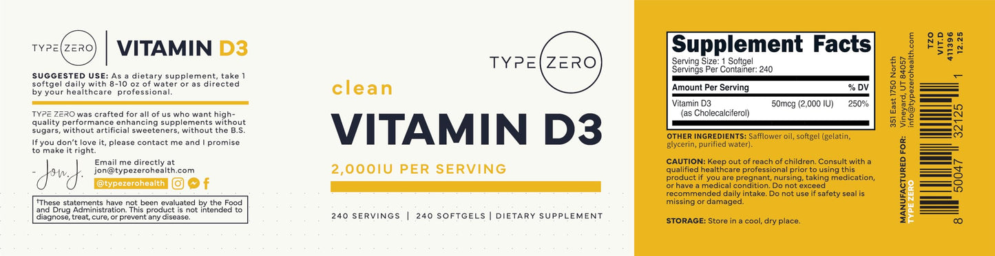 Type Zero Vitamin D3 2000 IU Softgels, 240 Count