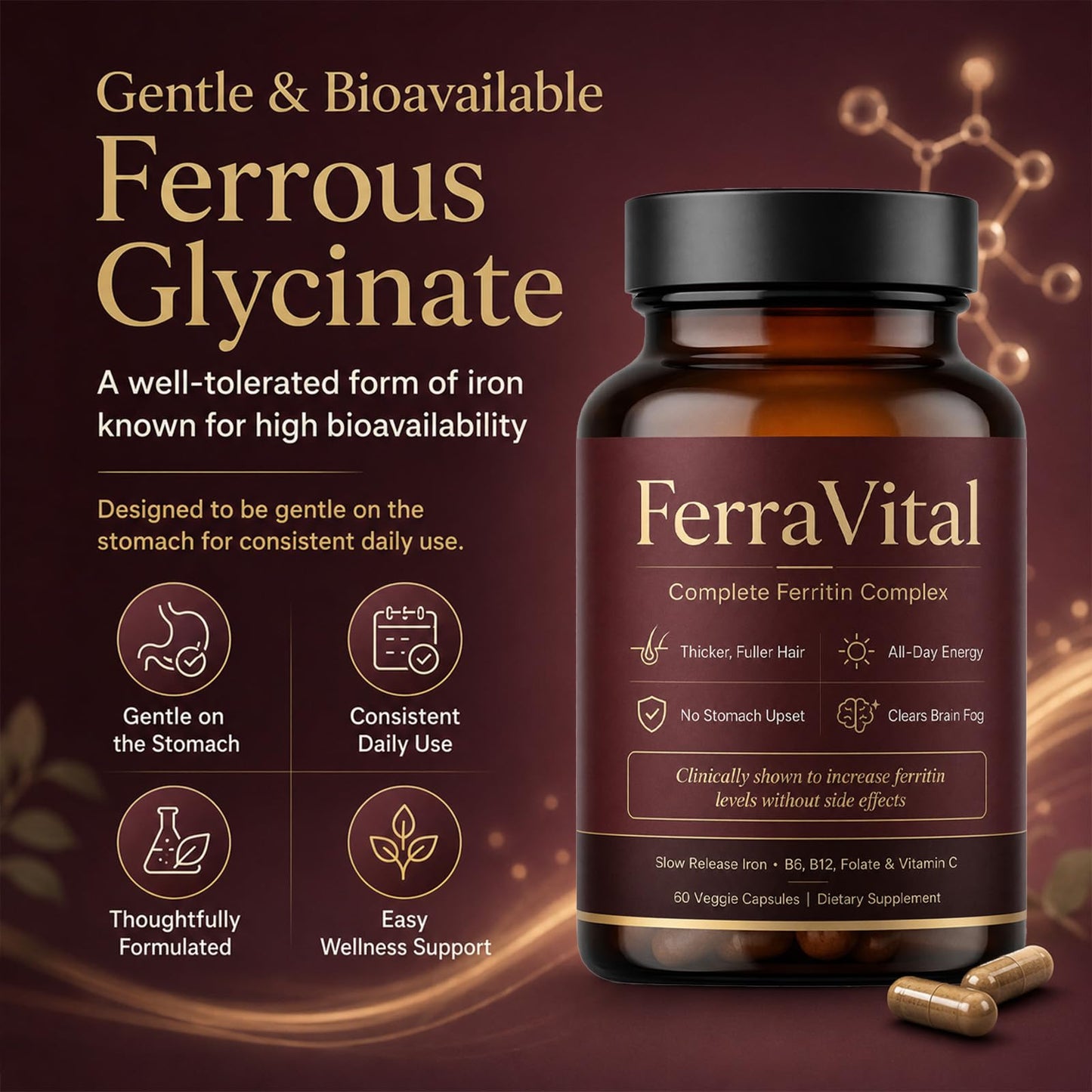 PRIDEWELL FerraVital Ferritin Supplement for Women Iron Supplement with Ferrous Glycinate, Vitamin C, B12, B6, Folate & Zinc – Supports Healthy Iron Levels & Daily Energy, 60 Capsules