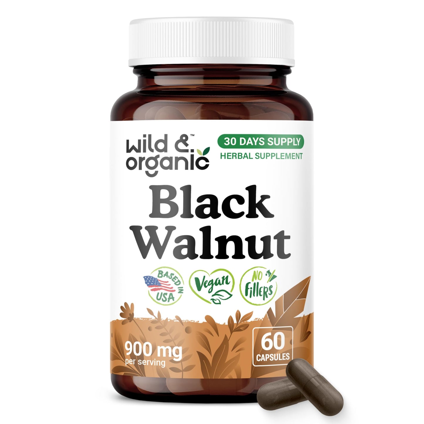 Wild & Organic Black Walnut Capsules 900 mg Detox & Cleanse Support - Black Walnut Hull Powder Supplement - Juglans Nigra Herb - Vegan, No Fillers, Non-GMO, 60 Capsules