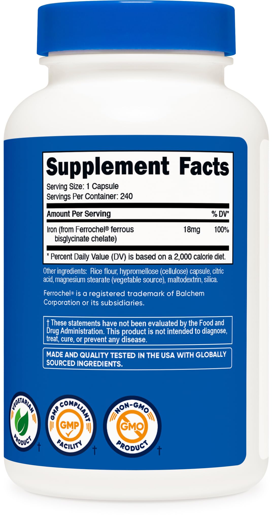 Nutricost Chelated Iron (from Ferrochel) 18mg, 240 Capsules