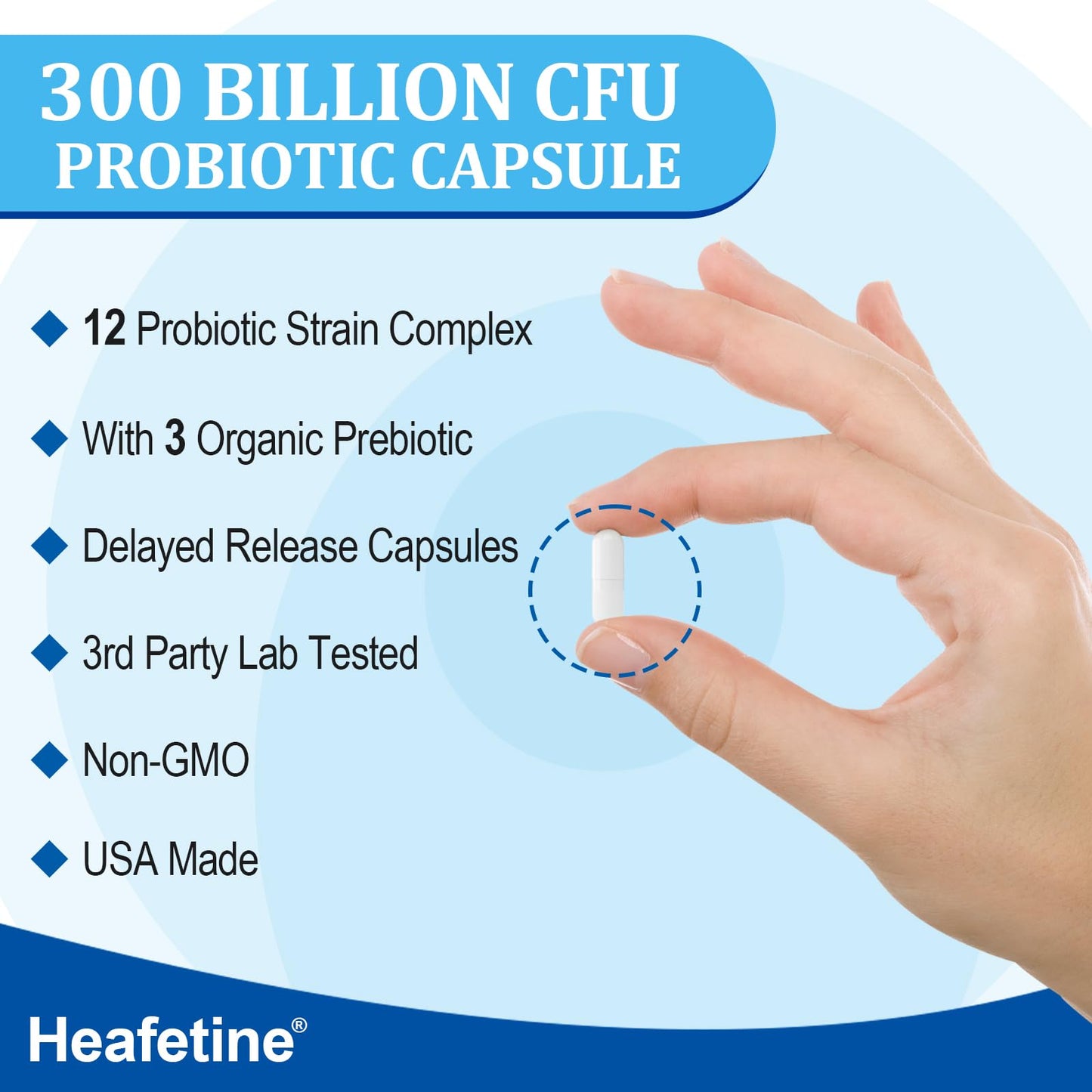 Heafetine Probiotics 300 Billion CFUs for Women & Men, 12 Strains + 3 Organic Prebiotics, Digestive Health & Immune Support, 60 Capsules