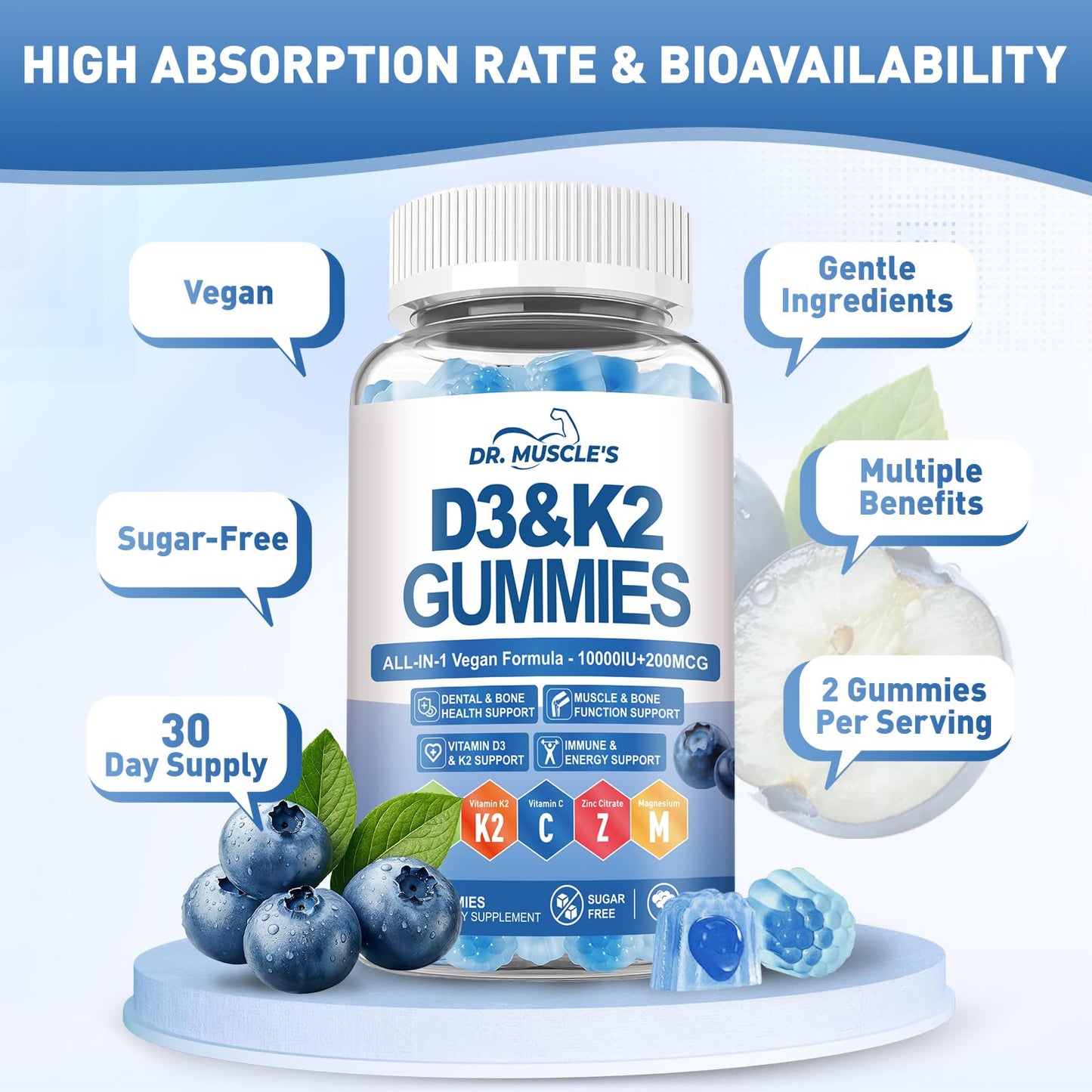 DR. MUSCLE'S Vitamin D3 K2 Gummies, 120 Count