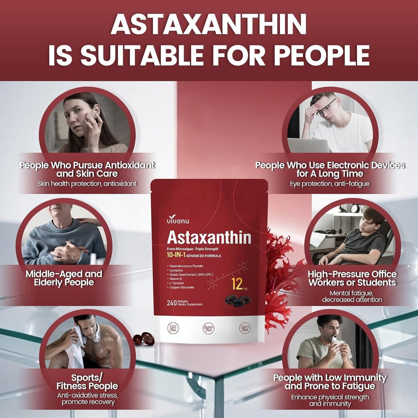 VivoNu 10 in 1 Astaxanthin Supplements 12mg Capsules, 240 Count