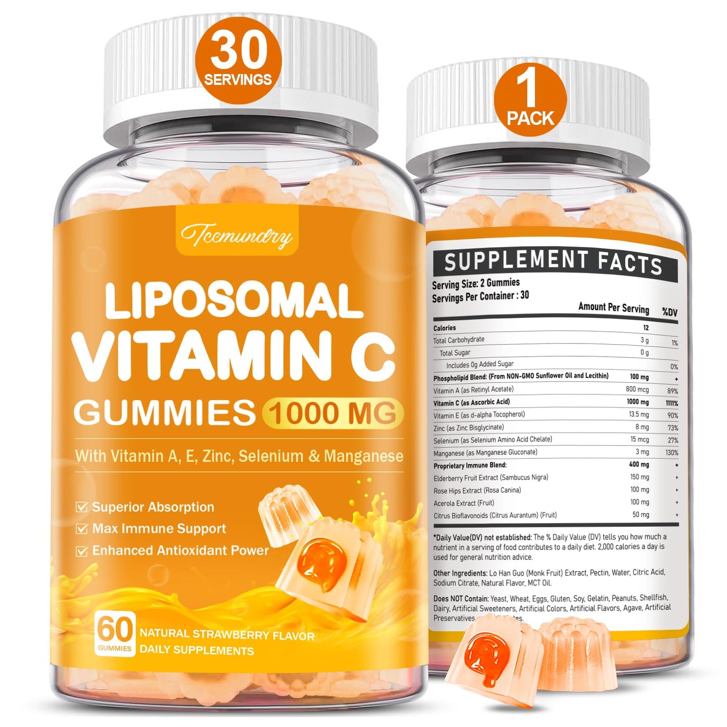 Tcemundry Liposomal Vitamin C Gummies 1000mg, 60 Count