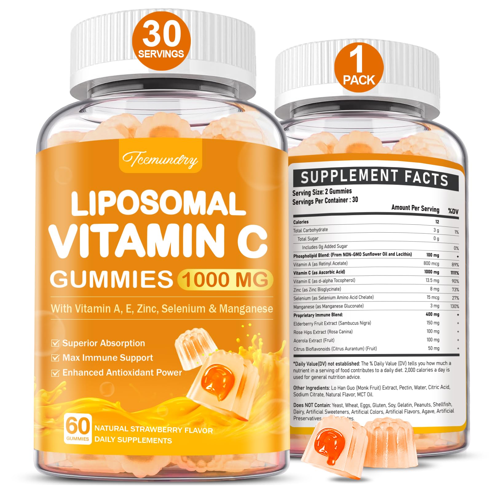 Tcemundry Liposomal Vitamin C Gummies 1000mg, 60 Count