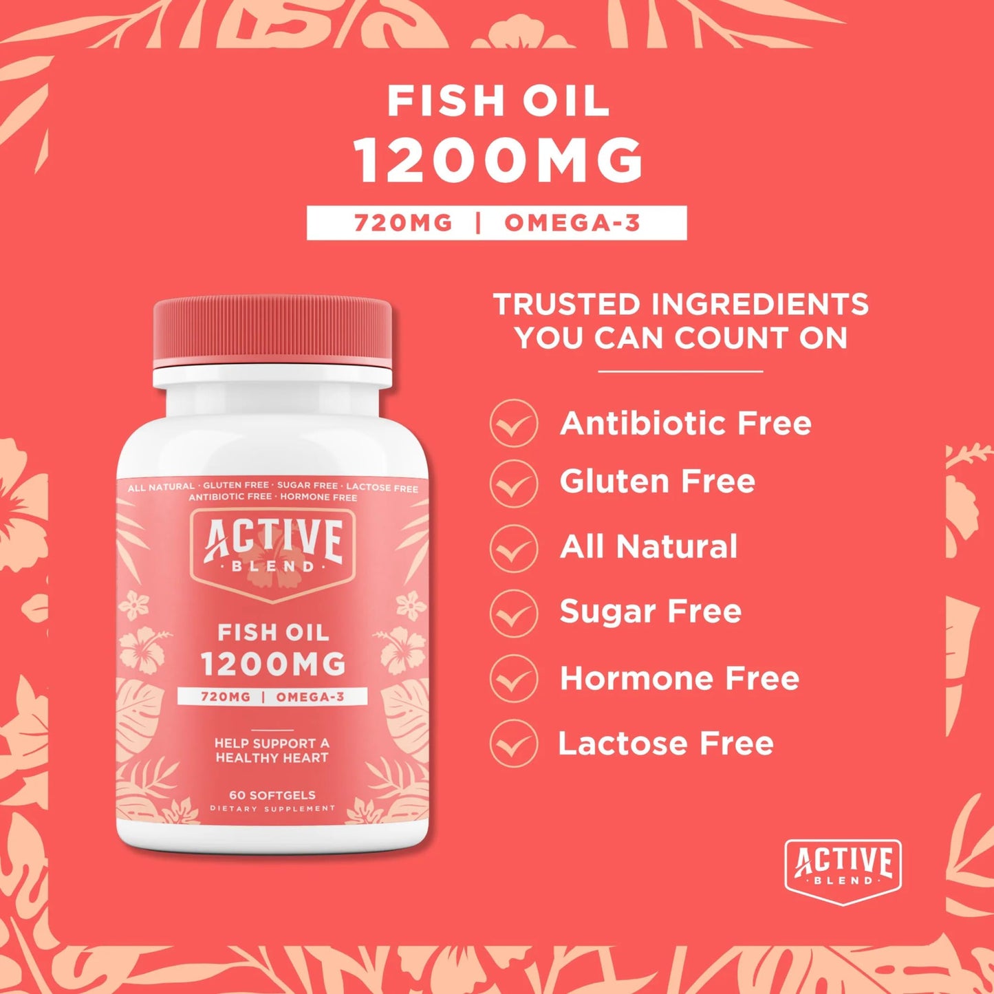 Active Blend Omega-3 Fish Oil 1250mg Triple Strength with 690mg EPA & 260mg DHA, Wild-Caught, No Fishy Aftertaste Softgels, 60 Count