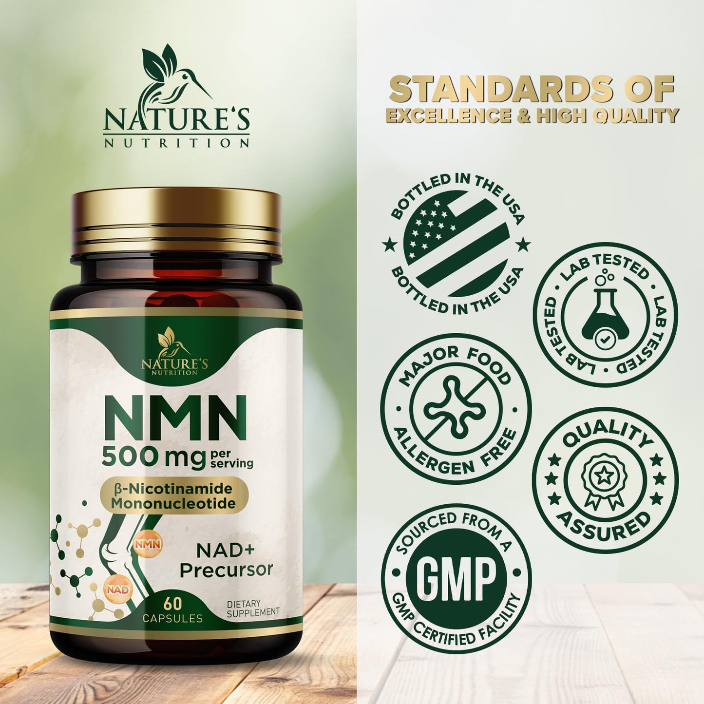 Nature's Nutrition NMN Supplement 500 mg β-Nicotinamide Mononucleotide - NAD+ Precursor - Vegan Capsules, 60 Capsules