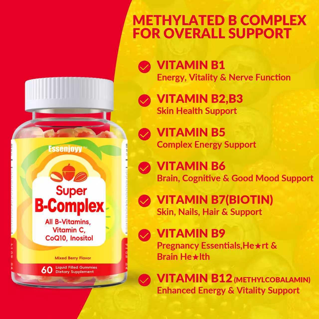 ESSENJOYY Methylated Vitamin B Complex Gummies 60 Count