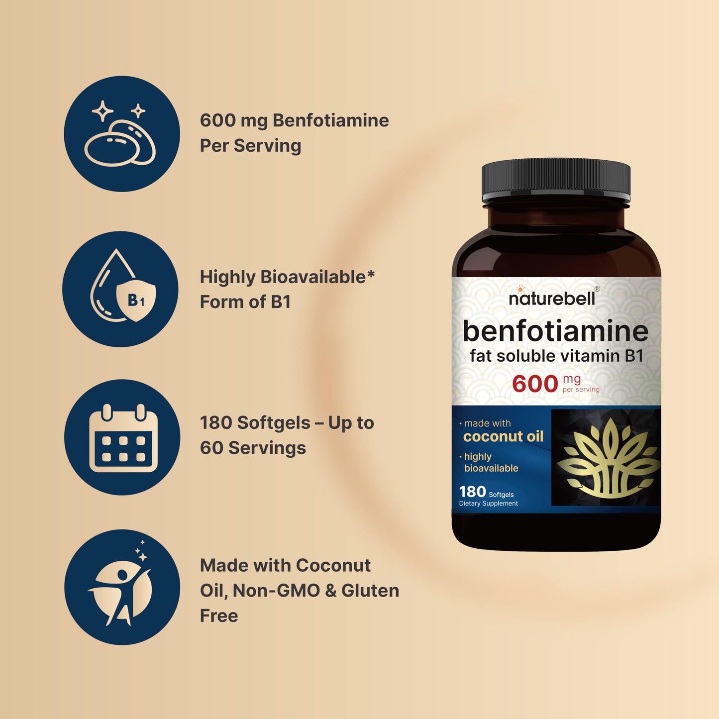 NatureBell Benfotiamine 600mg Per Serving Coconut Oil Softgels, 180 Count