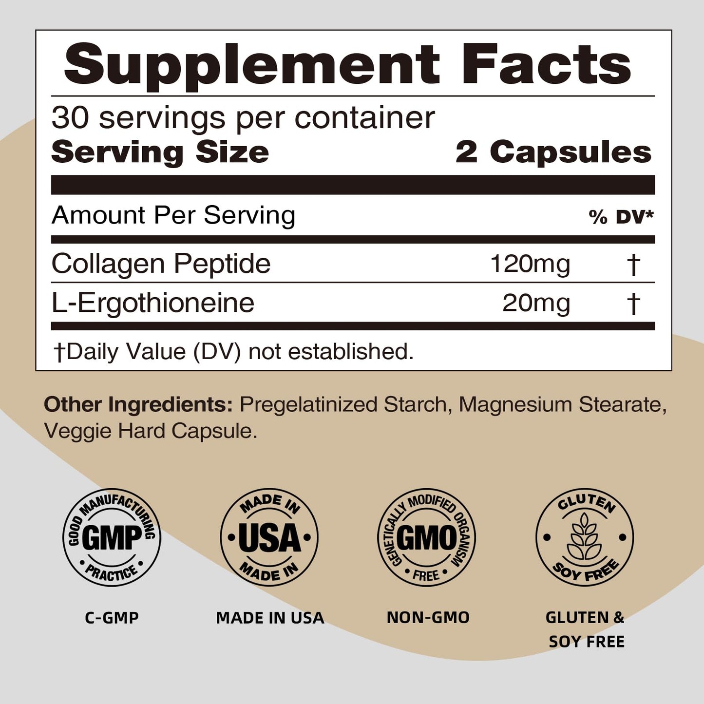 REOTT L-Ergothioneine with Collagen Peptides Capsules, 60 Count
