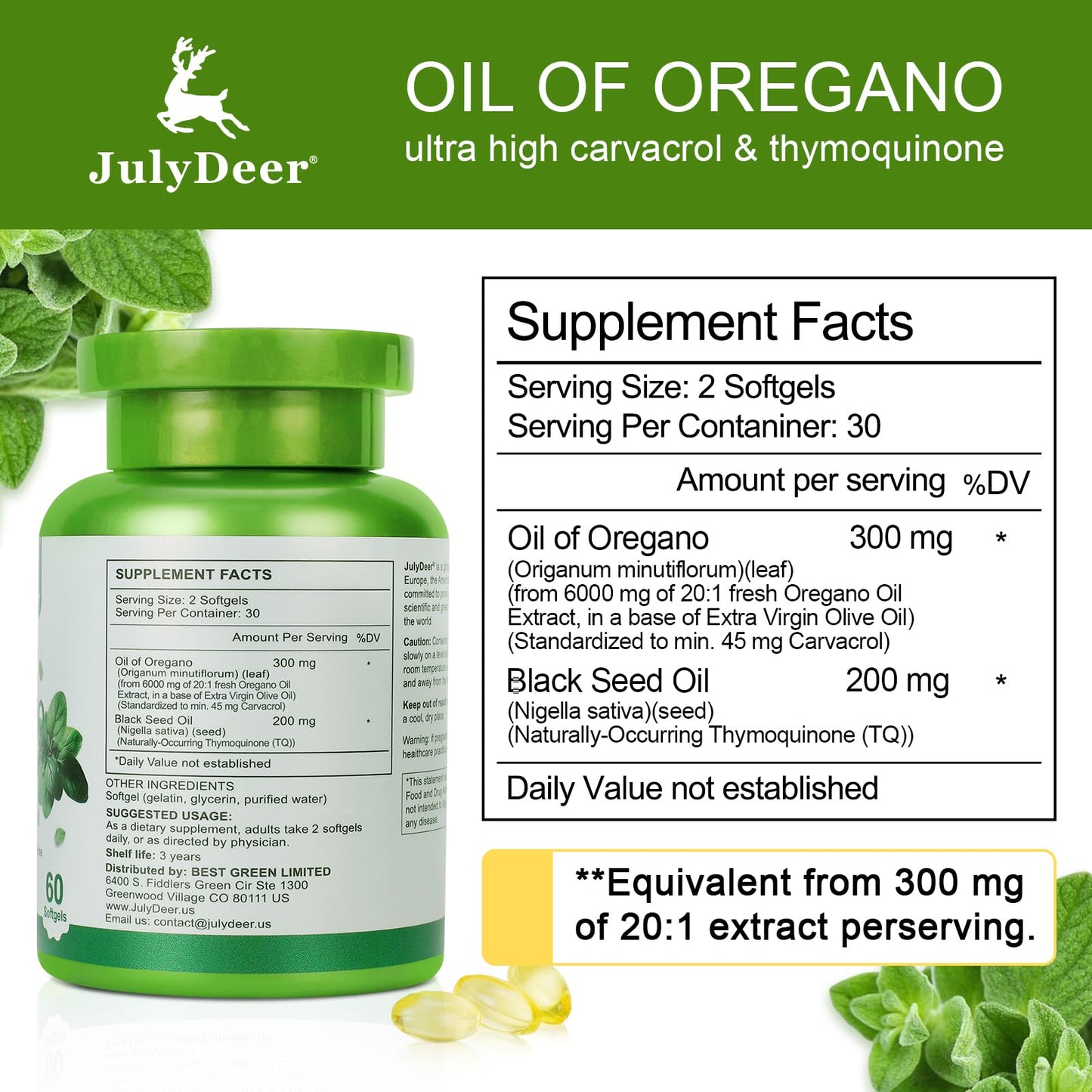 JulyDeer Oil of Oregano with Black Seed Oil Softgels, 120 Count