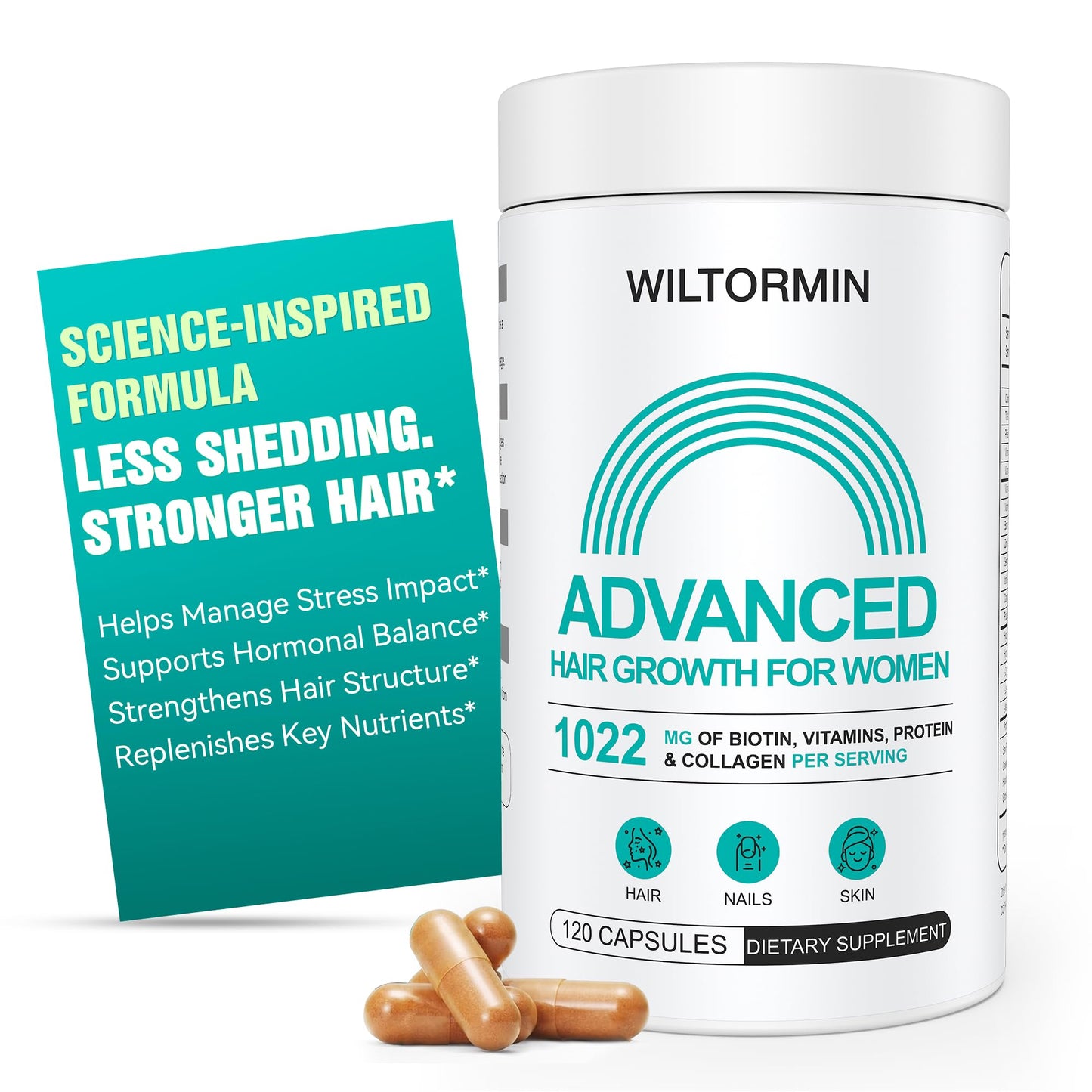 Wiltormin Hair Growth Supplements for Women, Ages 30 and Up - Clinically Tested for Visibly Thicker Hair with Biotin 10,000mcg, Vitamins, Keratin, Collagen, Saw Palmetto, Supports Scalp, Skin & Nails, 120 Capsules