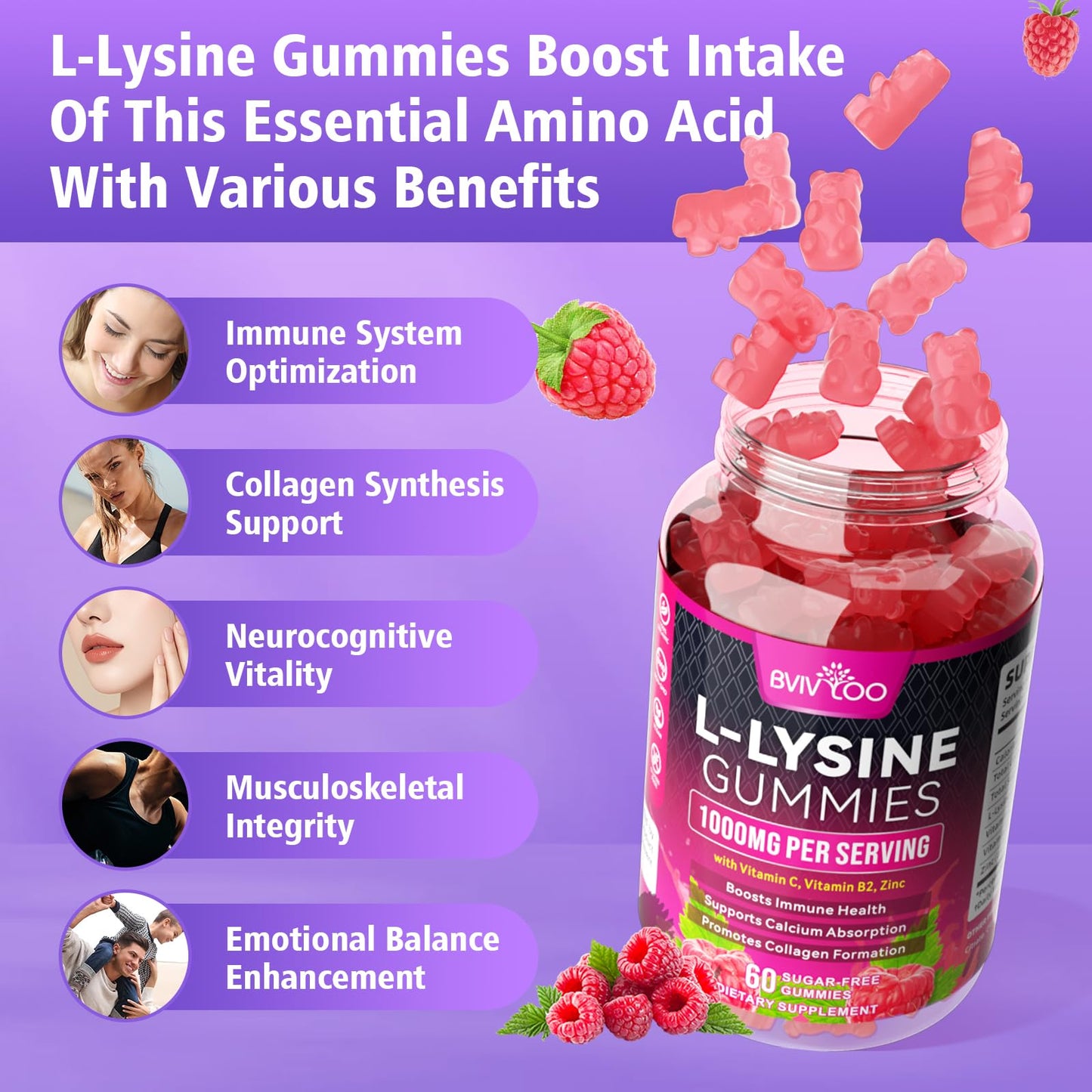 BVIVLOO L-Lysine 1000mg Gummies, 60 Gummies
