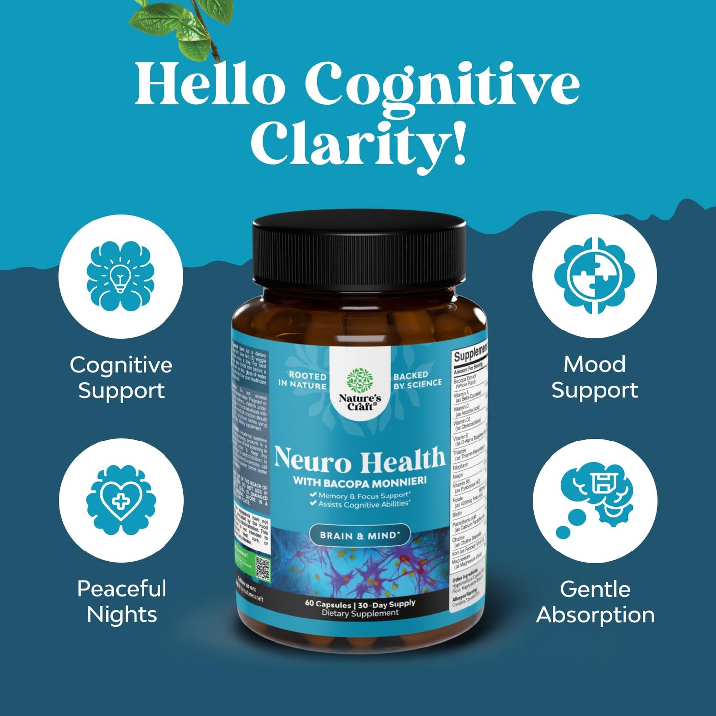 Natures Craft Nootropic Brain Supplement for Memory and Focus Support Capsule, 60 Count