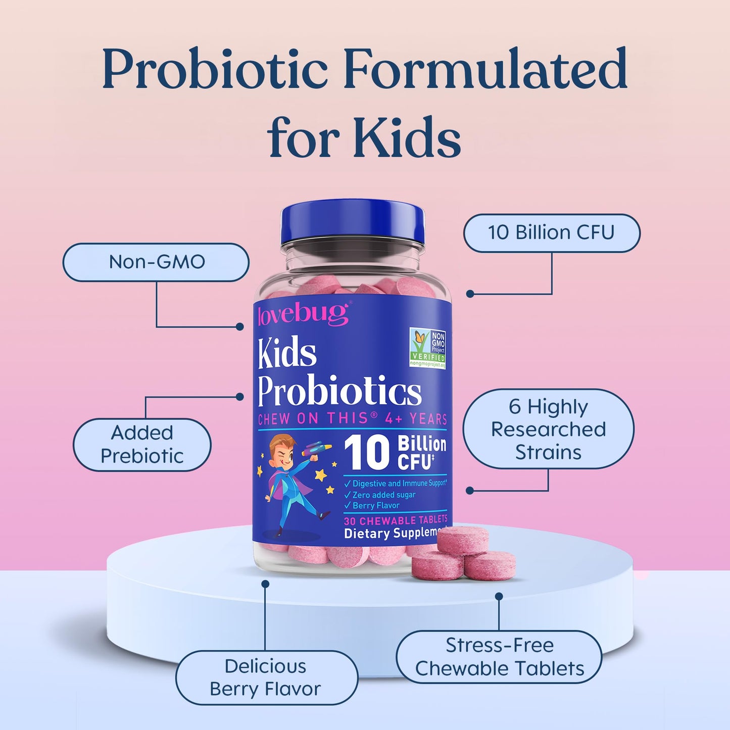 LOVEBUG Probiotics for Kids Probiotic Chewables with Prebiotic Fiber Capsule 30 Count