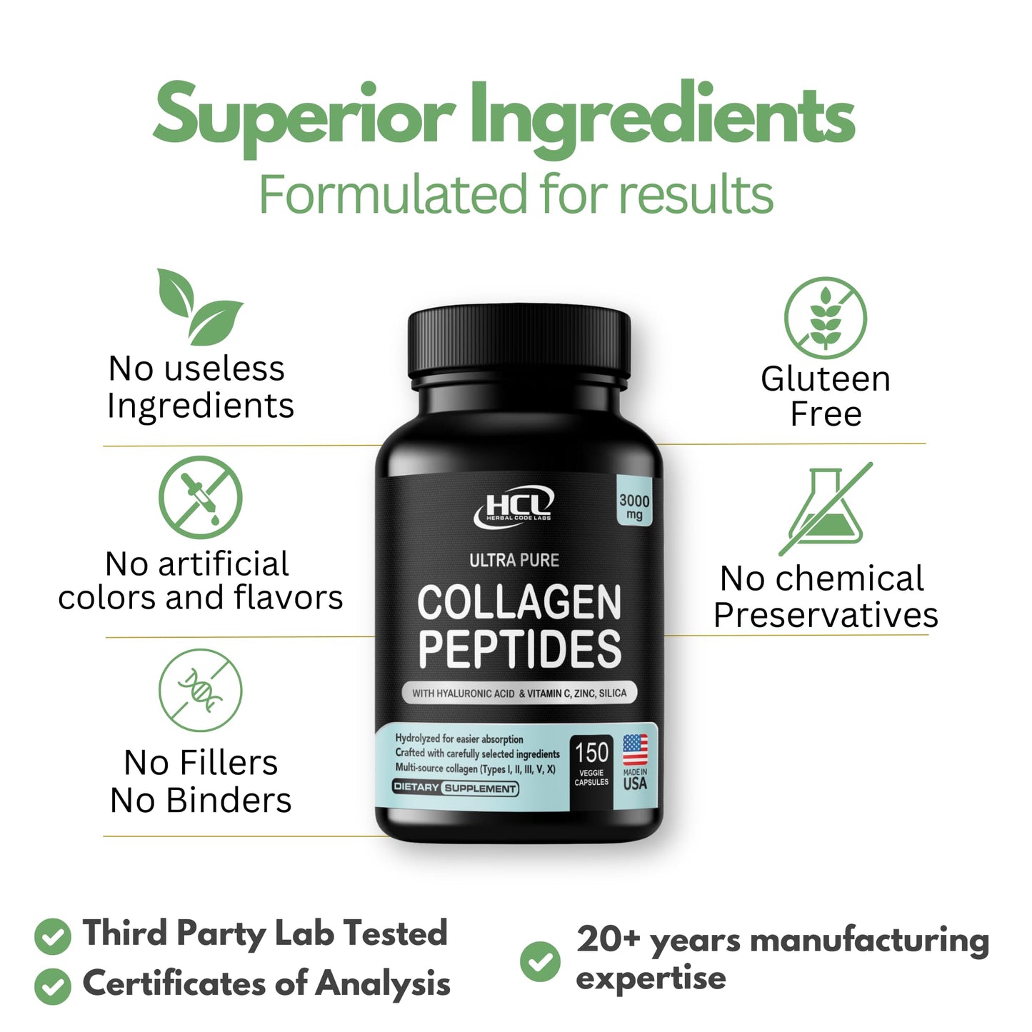 HCL Herbal Code Labs Collagen Peptides Powder with Vitamin C & Hyaluronic Acid - Hydrolyzed Multi Type I, II, III, V, X - Skin Hair Supplement, 1 oz