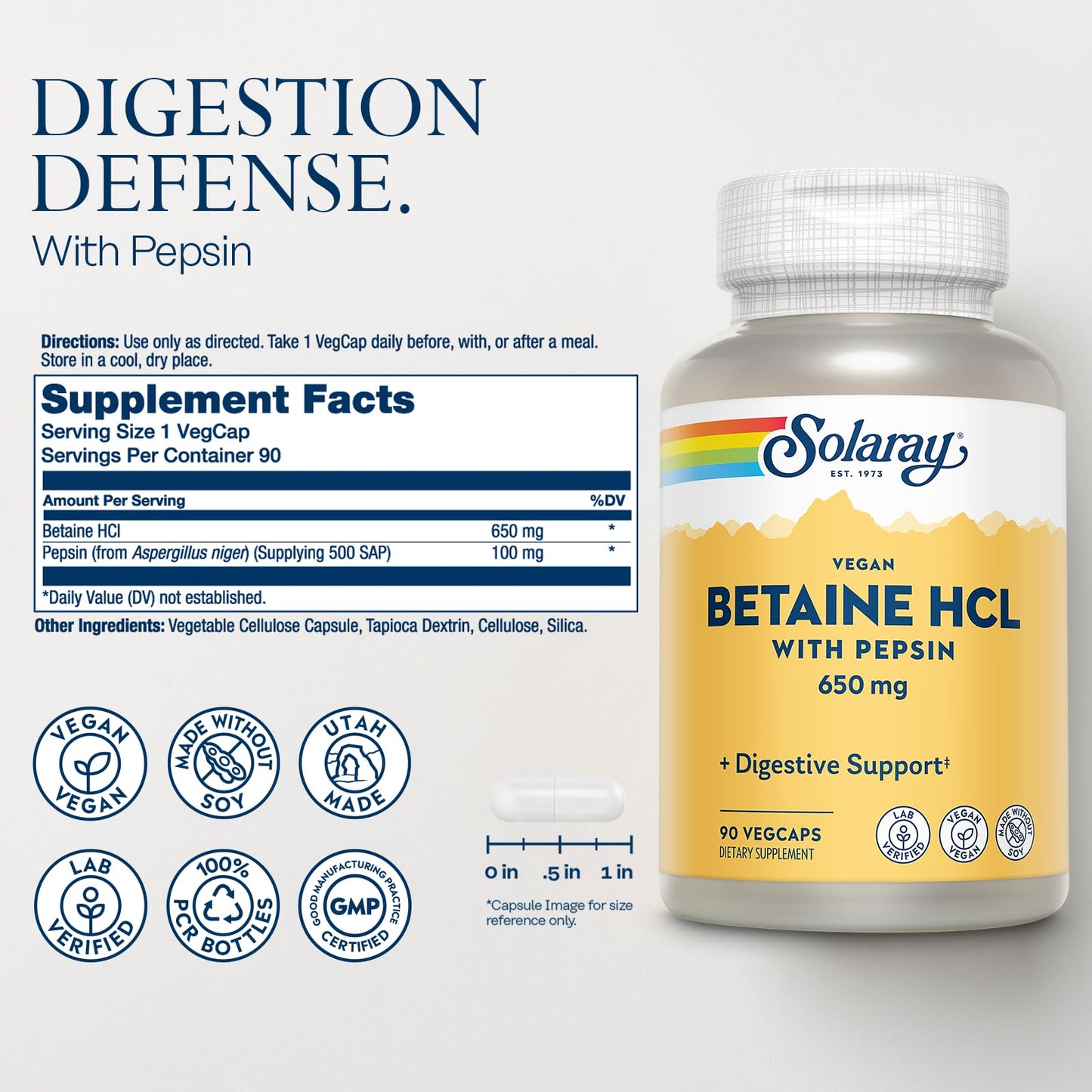 SOLARAY Vegan Betaine HCL with Pepsin Capsules 90
