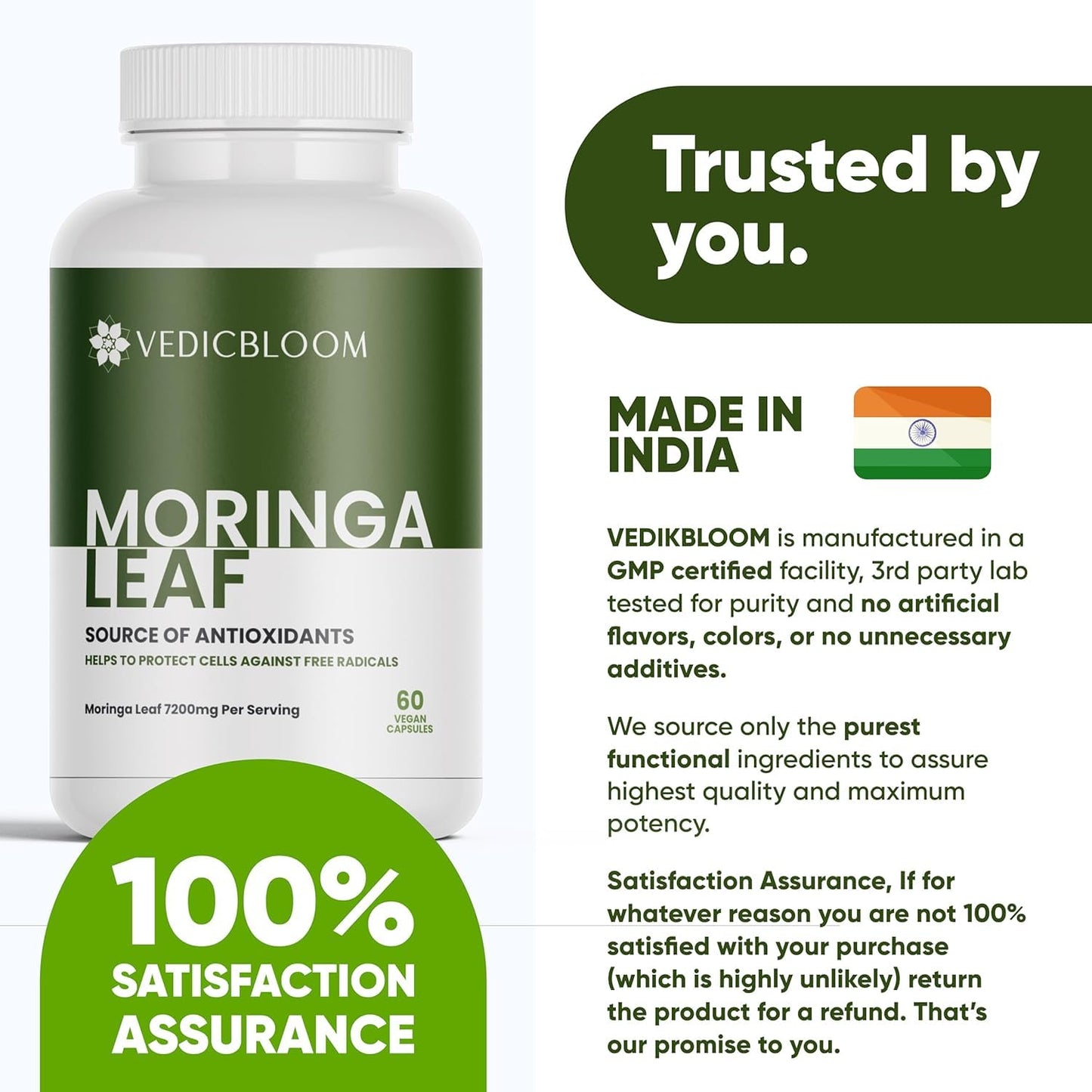 VEDICBLOOM Organic Moringa Oleifera Capsules, 60 Count