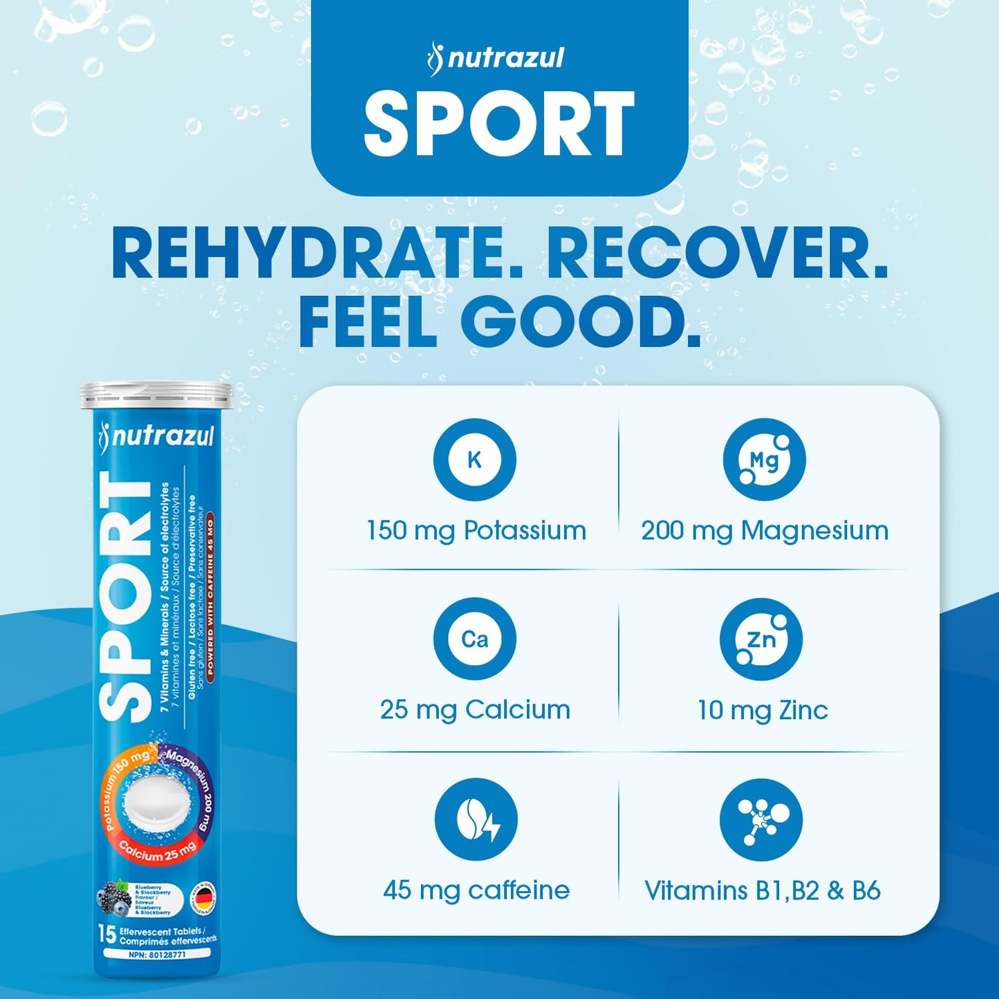 Nutrazul Sports Effervescent Tablets, Electrolytes & 7 Vitamins & Minerals, Daily Hydration and Energy, 45mg Caffeine, Blueberry & BlackBerry Flavor, 30 Count