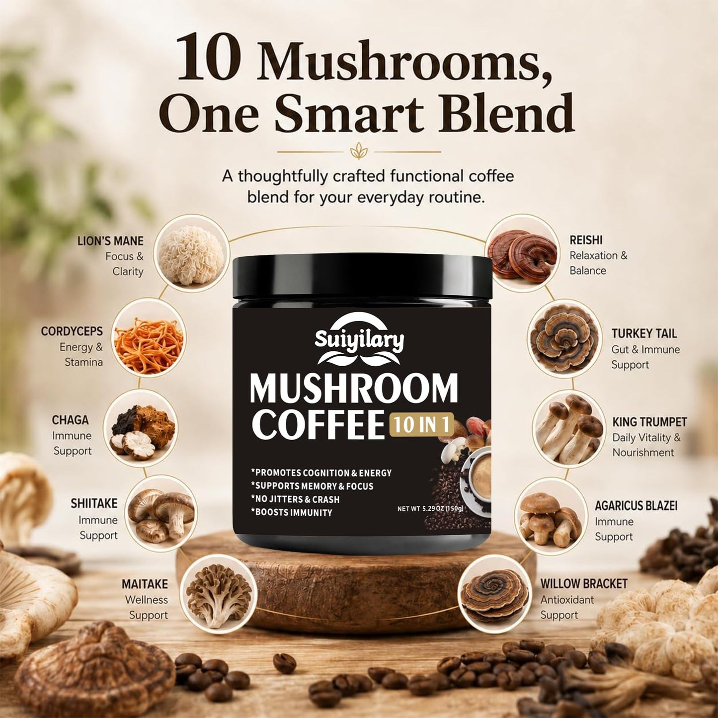 Suiyilary Mushroom Coffee Powder 5.3 oz - 10-Mushroom Extract Blend (Lion's Mane, Reishi, Chaga, Cordyceps, Turkey Tail)