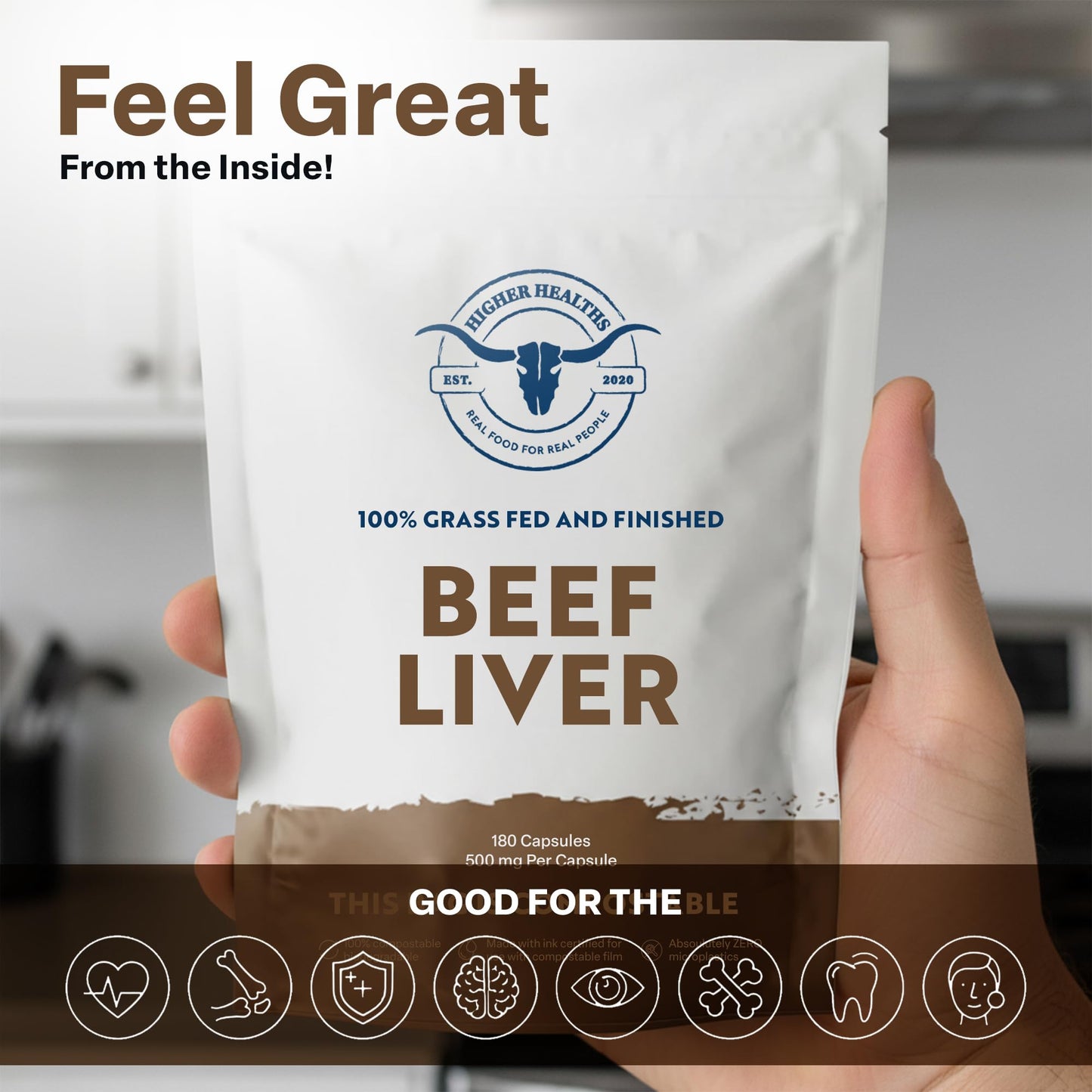 Higher Healths 100% Grass Fed Beef Liver Capsules 180 Count