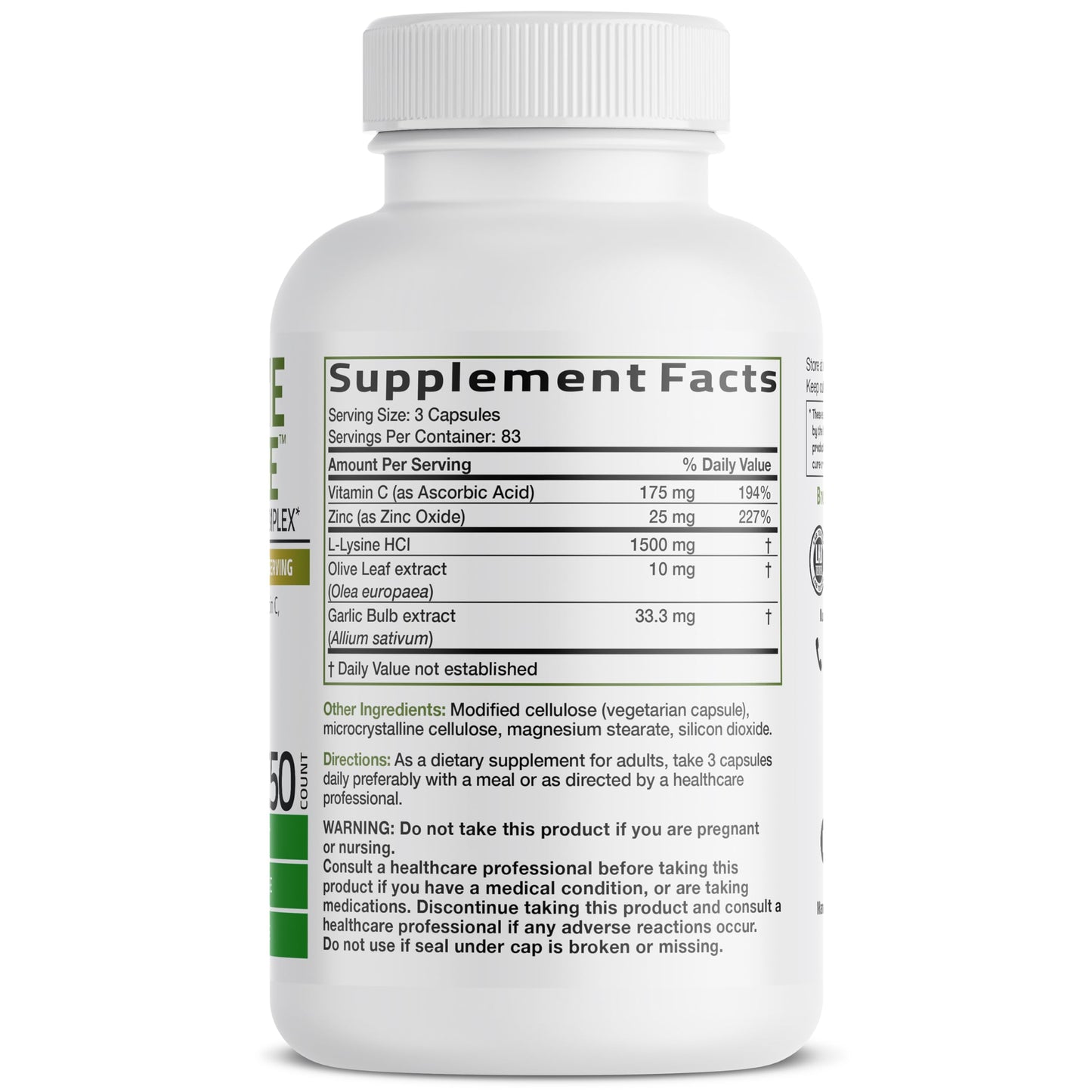 Bronson L-Lysine Defense Immune Support Complex 1500 MG L-Lysine Plus Olive Leaf, Garlic, Vitamin C and Zinc - Non-GMO, 250 Capsules