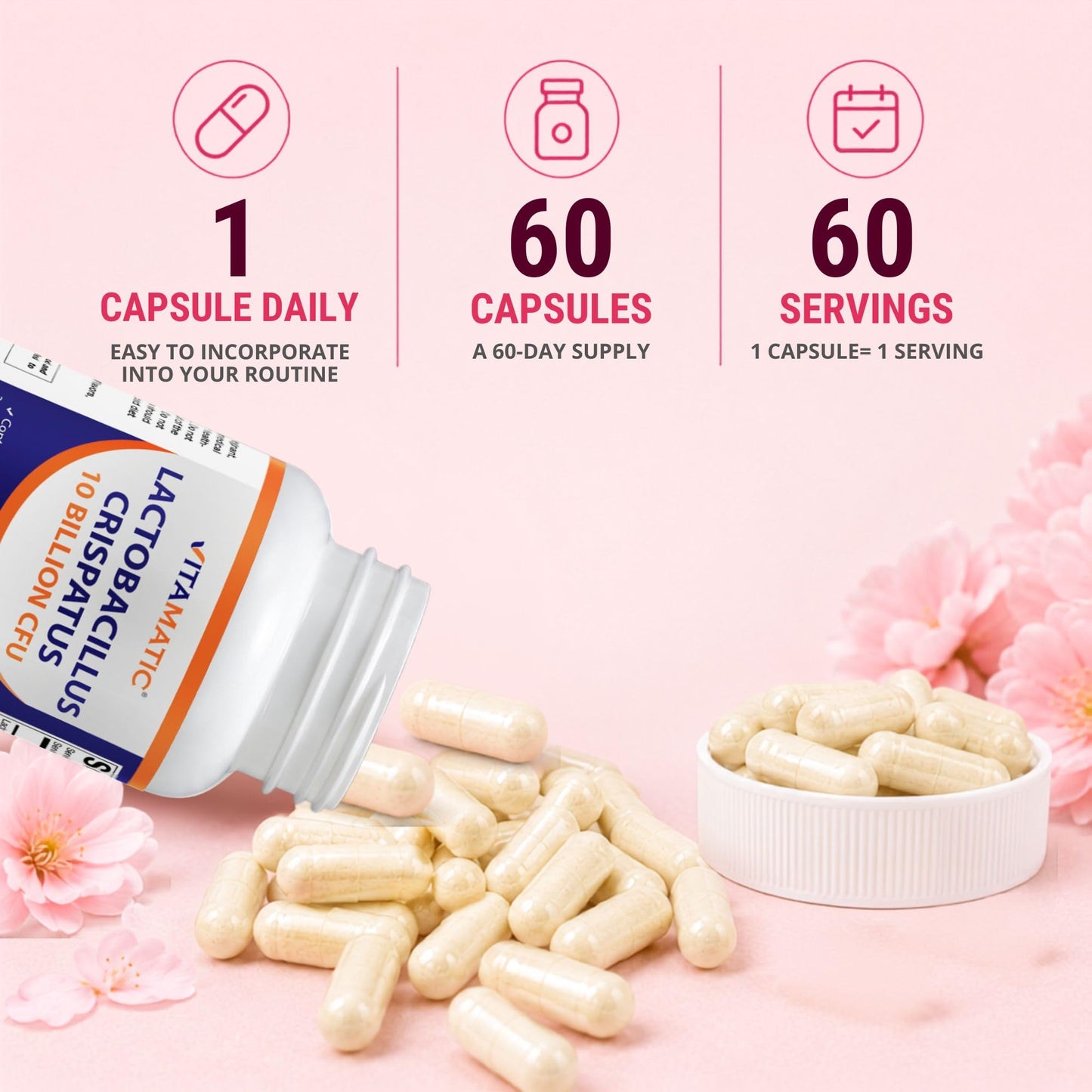 Vitamatic Lactobacillus Crispatus 10 Billion CFU with XOS Prebiotic, Delayed-Release Probiotic Capsules, 60 Capsules