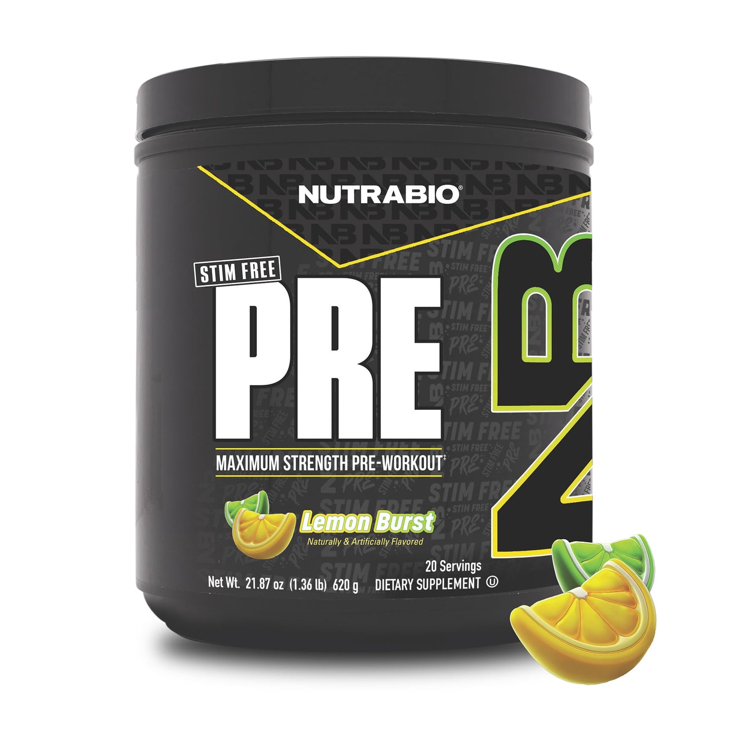 NutraBio STIM-Free PRE Workout for Men Powder, 20 Servings, Lemon Burst