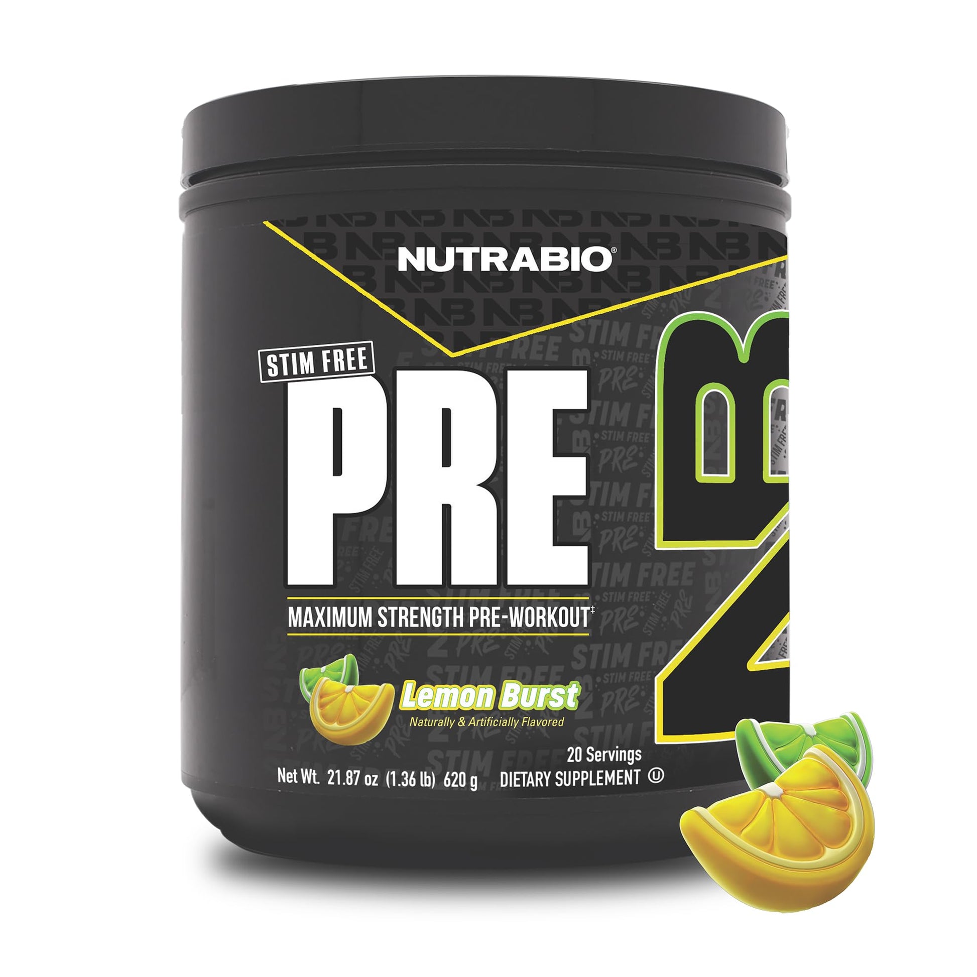 NutraBio STIM-Free PRE Workout for Men Powder, 20 Servings, Lemon Burst