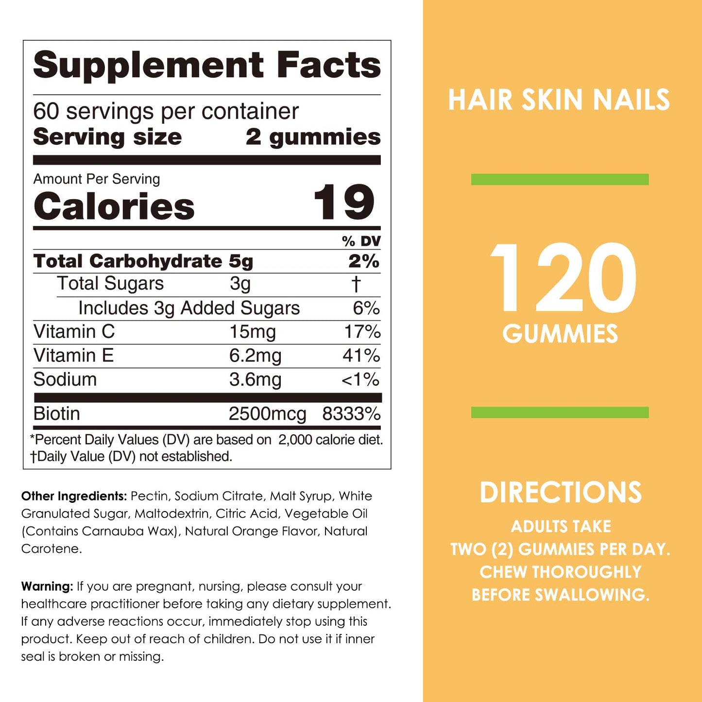Nature's Key Biotin Gummies with Vitamin C and E, for Hair & Nails Growth and Beautiful Skin, Vegan, Orange Flavor, 120 Gummies