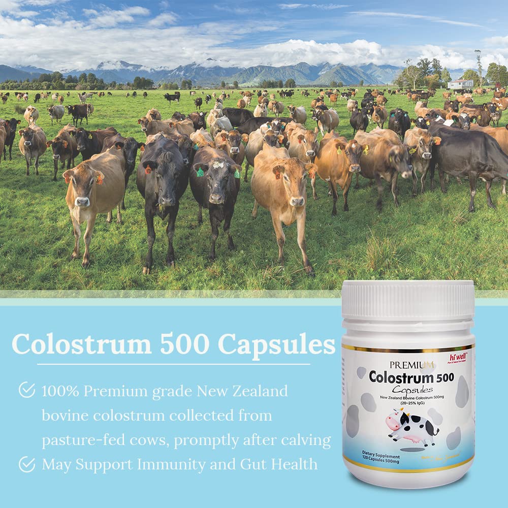 Hi Well Premium 100% Pure New Zealand Bovine Grass-Fed Colostrum Capsules, 120